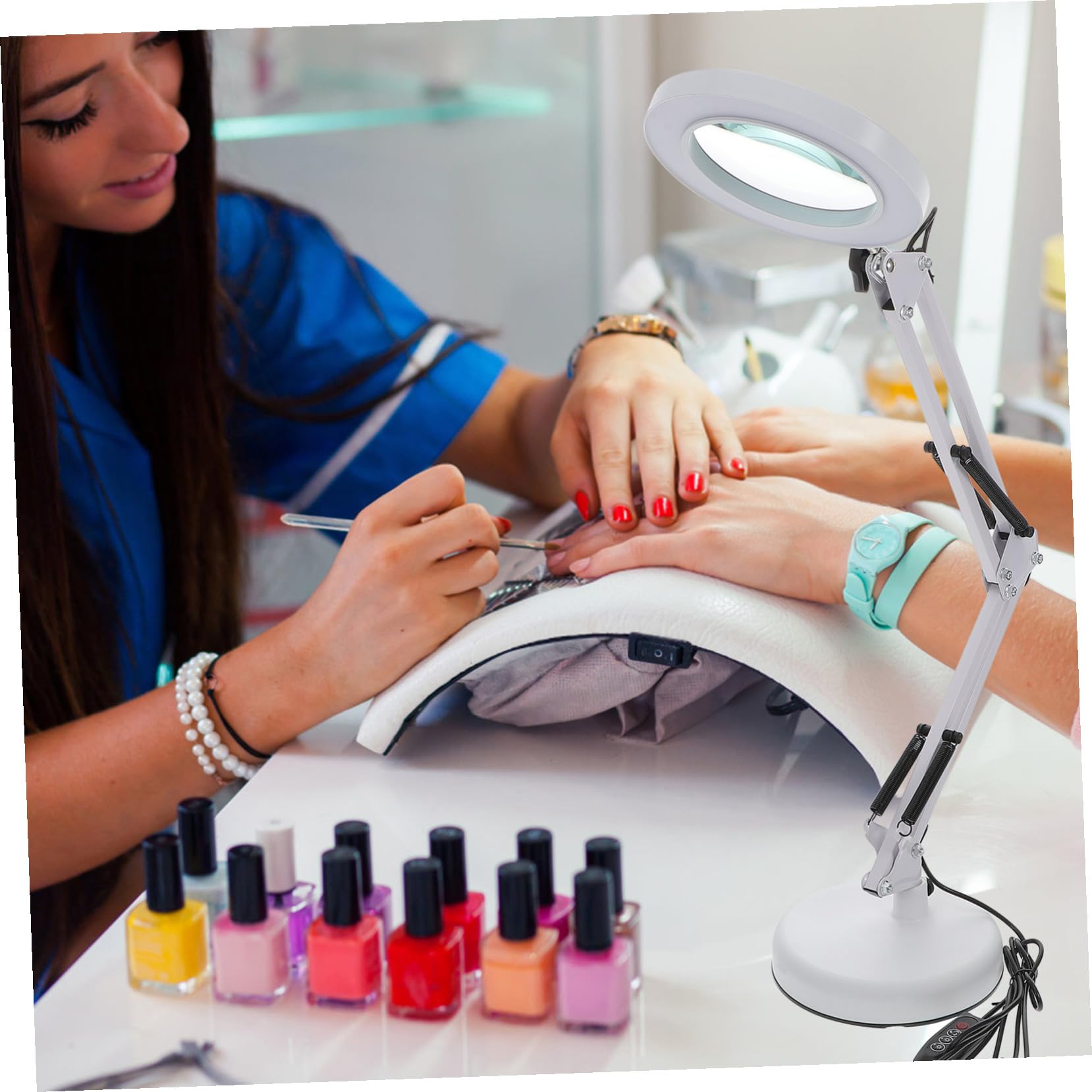 Toddmomy Lampada Lente di Ingrandimento LED 5x Braccio Regolabile a Molla e Illuminazione Multiangolo per Manicure, Trucco e Ricamo Morsetto da Scrivania e Alimentazione USB