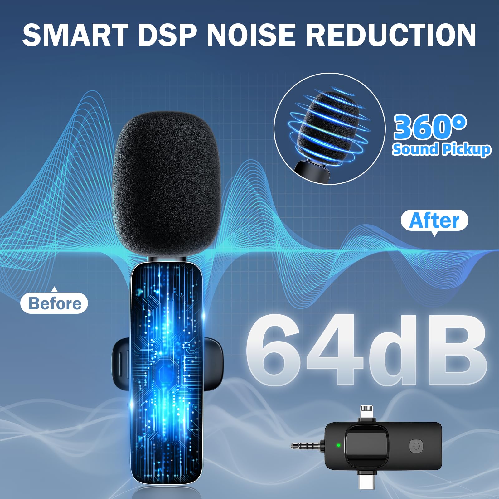 SURPN Microfono Lavalier Wireless per iPhone, Android, iPad, Fotocamera, MiMi Microfono Plug-play con Riduzione del Rumore, per YouTube, TikTok, Vlog,Conferenze, Registrazione Video e Live Streaming