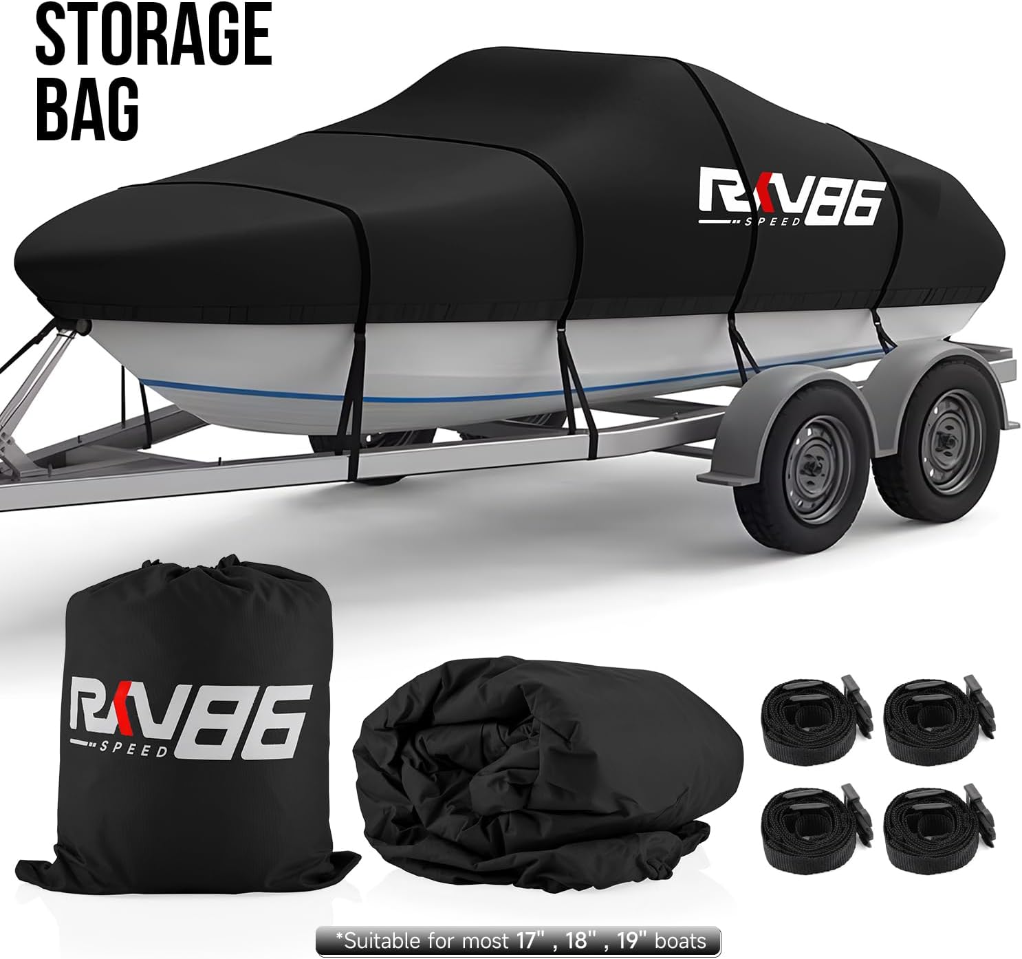 Trailerable Boat Cover, 17'- 19' Heavy Duty 600D Waterproof Tarp Covers with Storage Bag, Marine Grade Polyester Canvas, Fits 17-19ft Bass Boat, V-Hull, Tri-Hull, Runabout Bowrider Boat (Black)