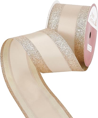 Vista 7 de HUIHUANG Champagne Gold Wired Satin Ribbon with Glitter Stripe Edges 2.5 inch, Champagne Christmas Ribbon for Tree, Bows Making, Wreath Supplies