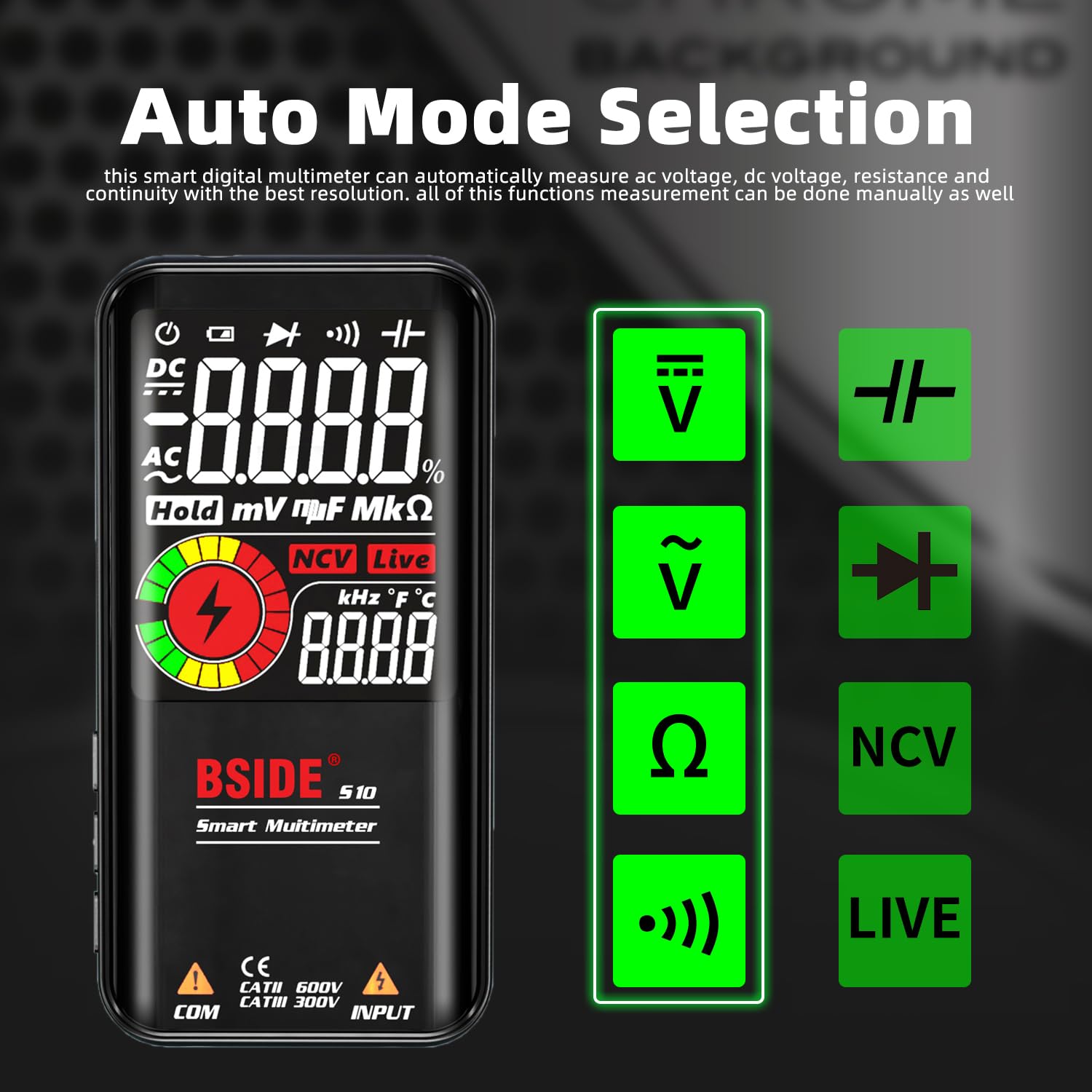 BSIDE Digital Multimeter Color LCD 9999 Counts Auto-Ranging Voltmeter Capacitance Resistance Continuity Frequency Diode Duty Cycle Live Check Voltage Tester with Flashlight
