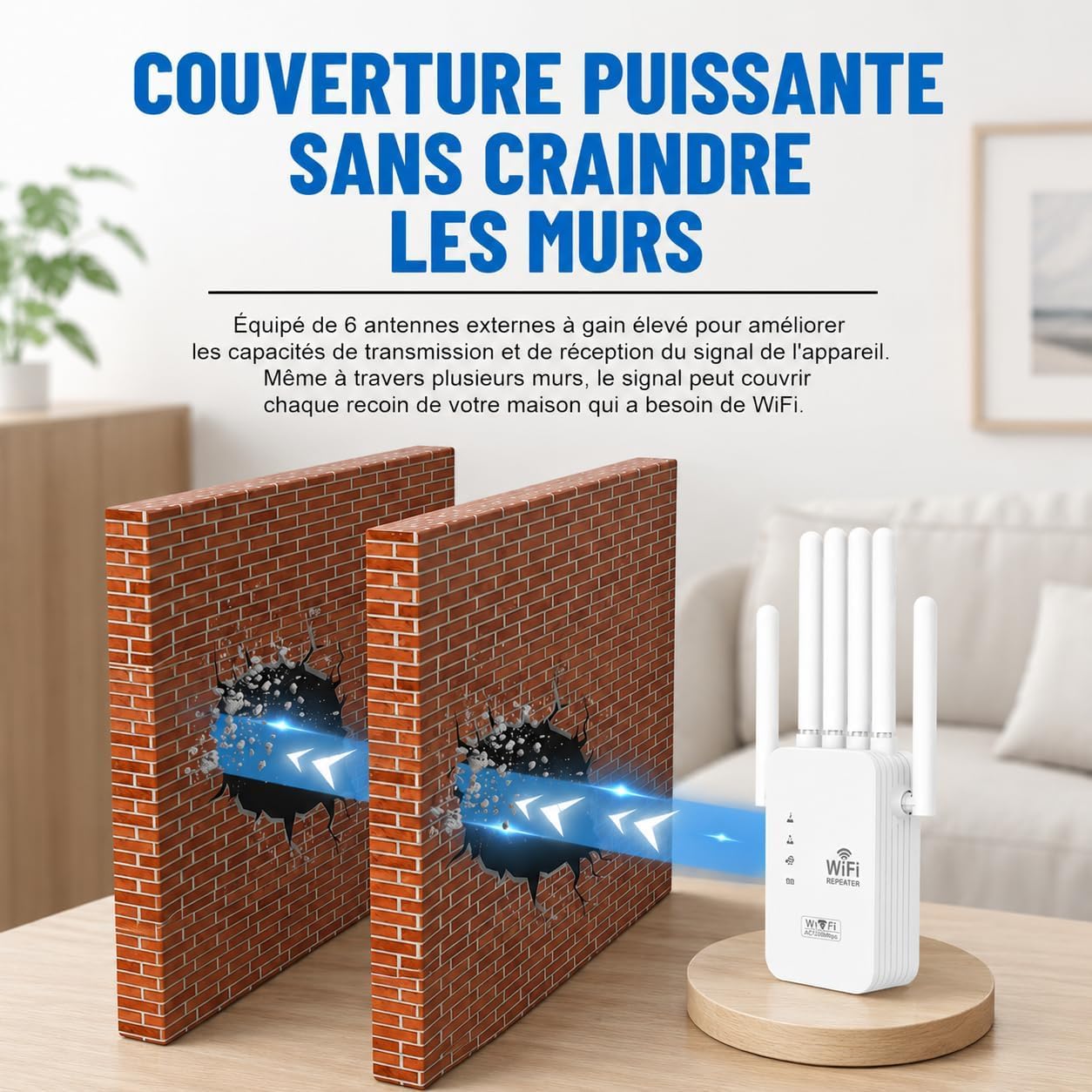 Répéteur WiFi 1200 Mbps Amplificateur WiFi Double Bande 5 GHz & 2,4 GHz avec WPS 6 Antennes 2 Ports Gigabit Ethernet