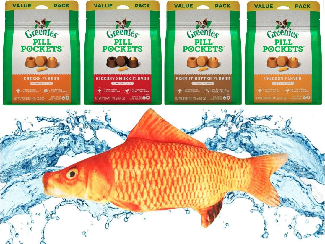 Kitti Greenies Dog Pill Pockets Multi Pack/Variety Pack Bundles Including 11.5" Plush Double Squeaker Dog Toy. 4 Flavors. 15.8oz Bags…