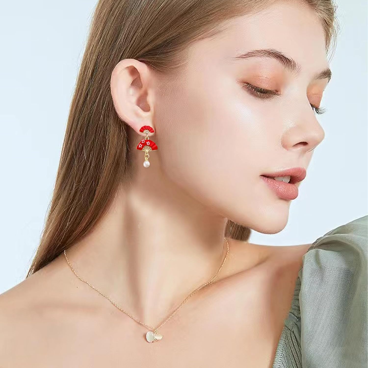 Red Fan Pearl Stud Earrings for Women Retro Ethnic Small Fan Tassel Dangle Drop Earrings Chinese New Years Jewelry