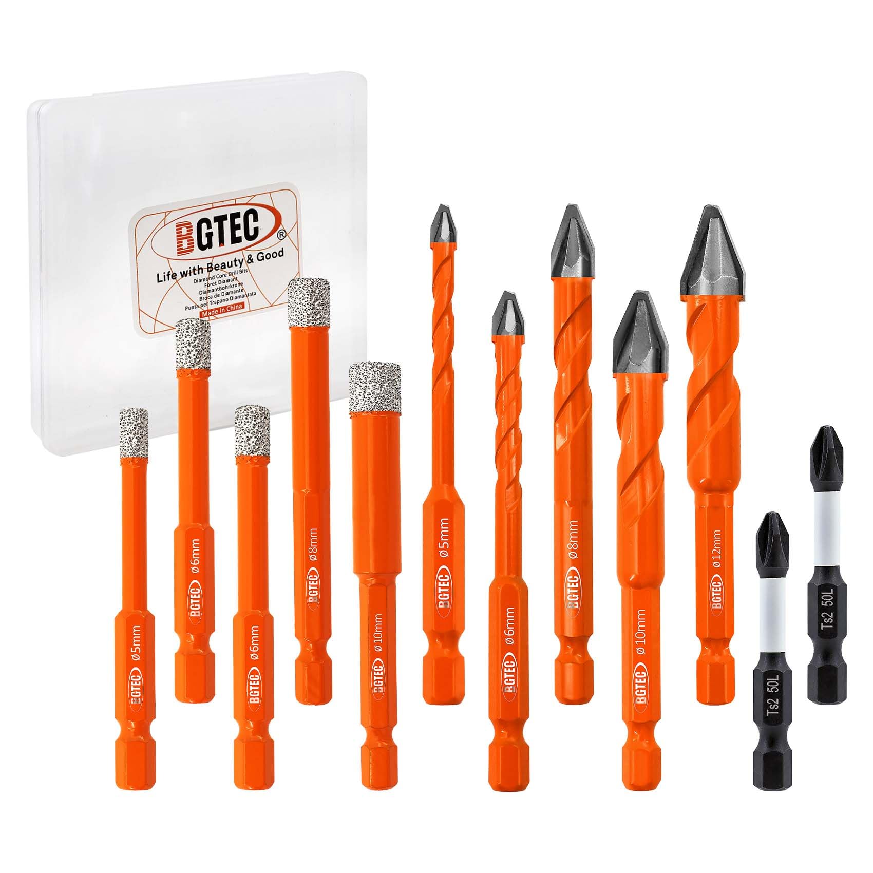 BGTEC Diamond Drill Bit Set 12PCS - 5MM+6MM*2+8MM+10MM Tile Bits & 5/6/8/10/12MM Eccentric drill bit with PH2 Screwdriver Bit for Porcelain Tile Marble Granite Concrete Wood Masonry