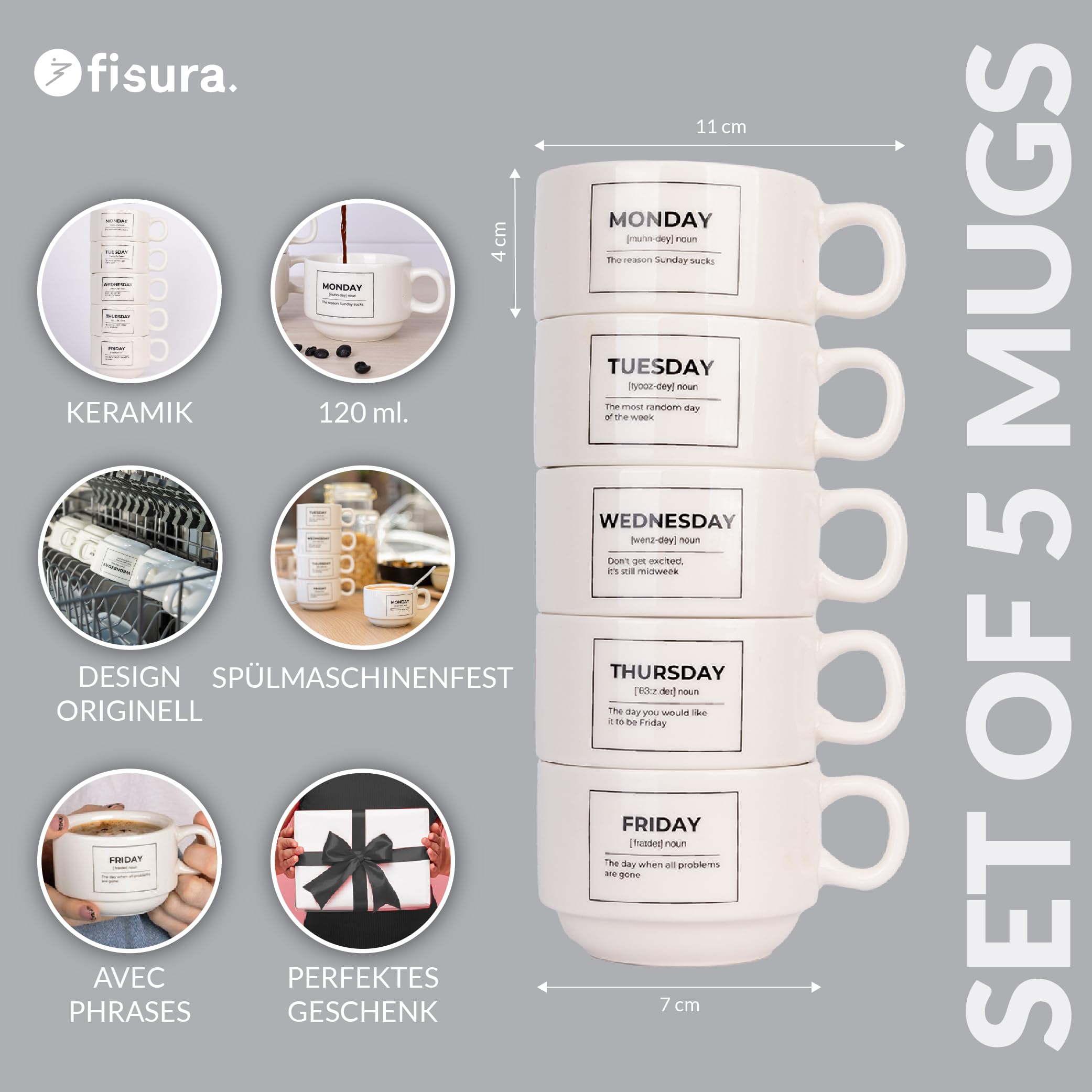 Fisura – Set mit originellen Tassen Days of the Week. Weiße Tassen mit lustigen Sprüchen. Originelle Tassen mit Botschaft als Geschenk. Set mit 5 humorvollen Keramiktassen