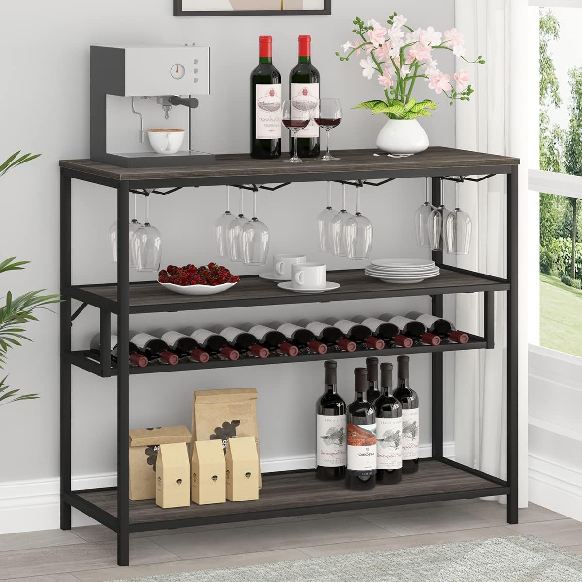 LVB Wine Rack Table, Liquor Bar Cabinet Freestanding Floor, Wooden Rustic Wine Storage with Wine Shelf and Glass Holder, Metal and Wood Modern Wine Cabinet for Home with Bottle Rack, Dark Gray Oak : Everything Else