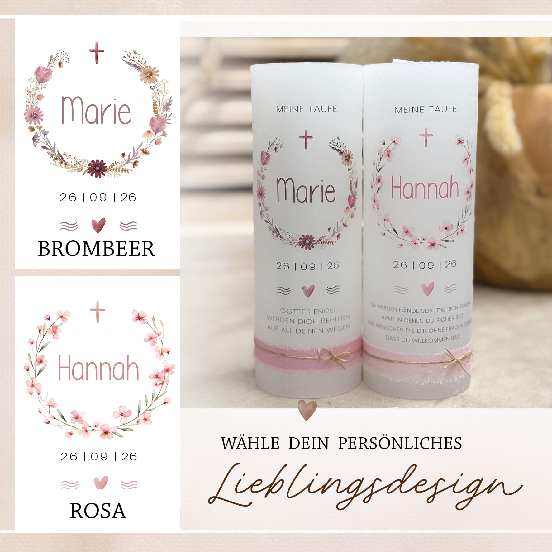 Personalisierte Taufkerze mit Name & Datum | Rustikkerze 7x20 cm | Geschenk zur Taufe Mädchen Junge | Individuelle Kerze mit Spruch | Kranz Motiv (Brombeer)