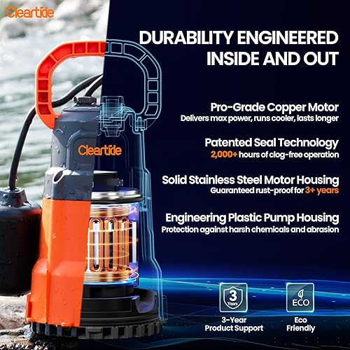 Miniatura 3 de Cleartide Bomba sumergible de sumidero con interruptor de flotador, bomba de agua de utilidad de 14 HP para drenaje de piscina, bañera de