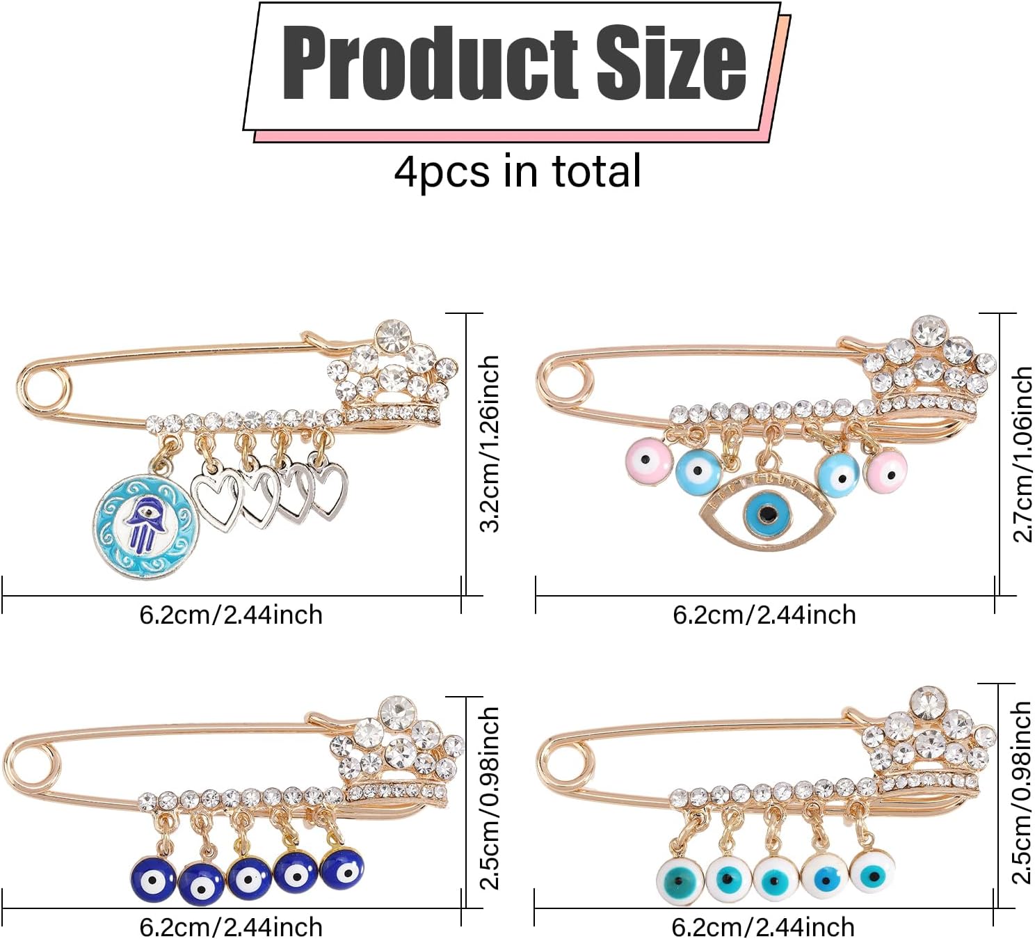 4 Pcs Evil Eye Brooch Pin Gold Plated Crown Rhinestone Wedding Bouquet Kit Lapel Pin Brooches for Women Multipurpose Brooch Ladies Accessories