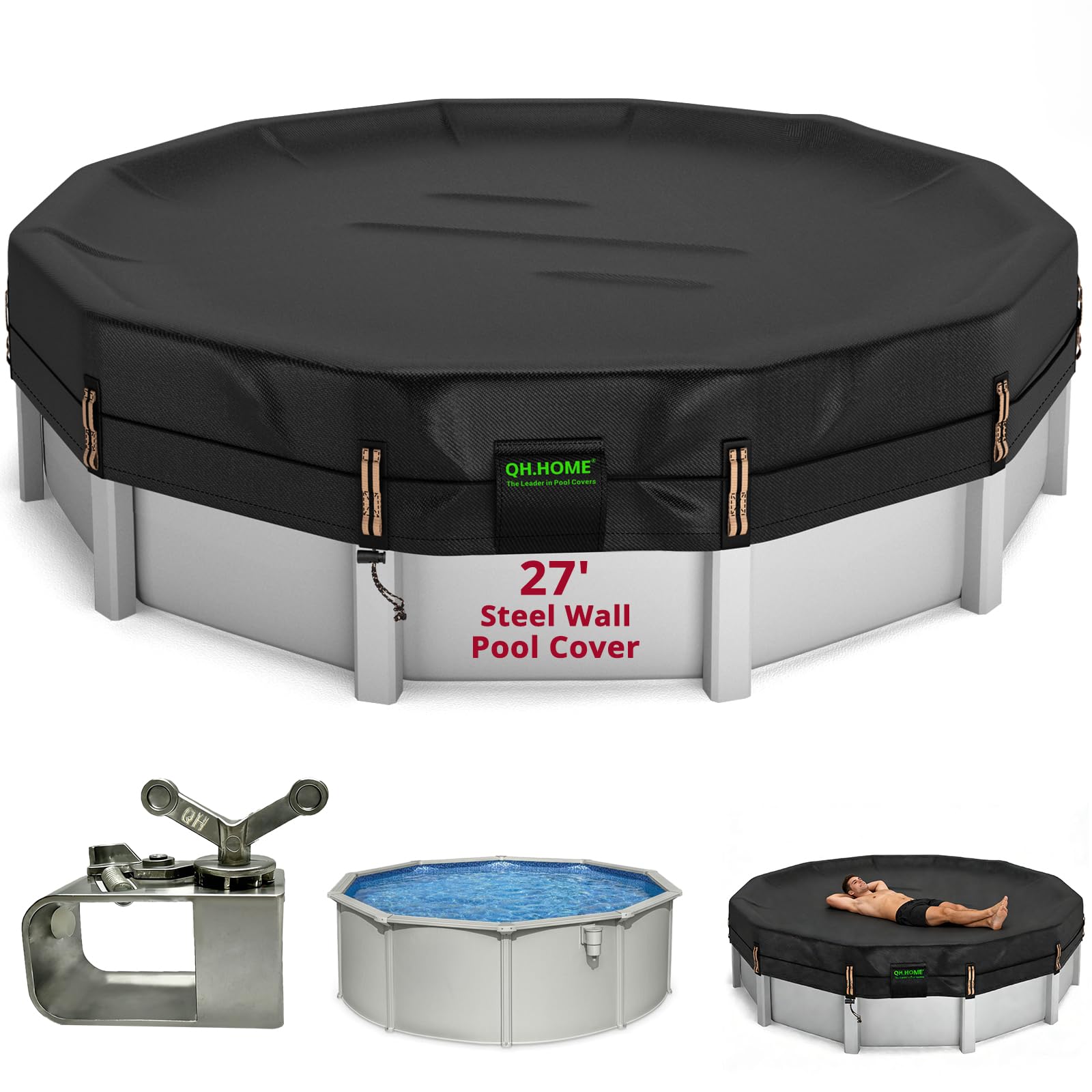 QH.HOME 550D 27 Ft Round Winter Pool Cover Tear Resistant Heavy Duty Fabric | Patented winch and rope-durable 4.5 foot overlap with threefold windproof, fits 27 ft steel wall above ground swimming pools