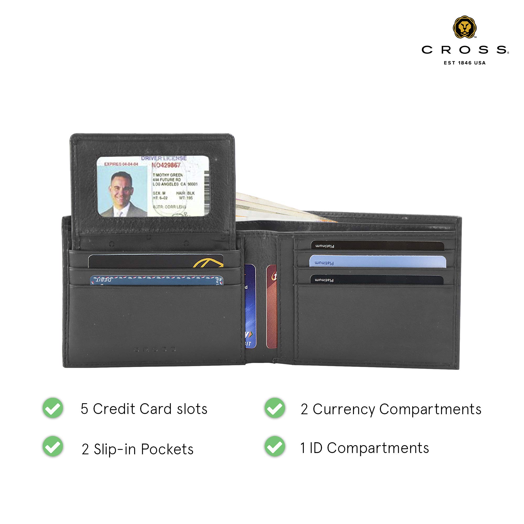 Cross Mens Leather Bifold Wallet with Removable Credit Card Case (Black)