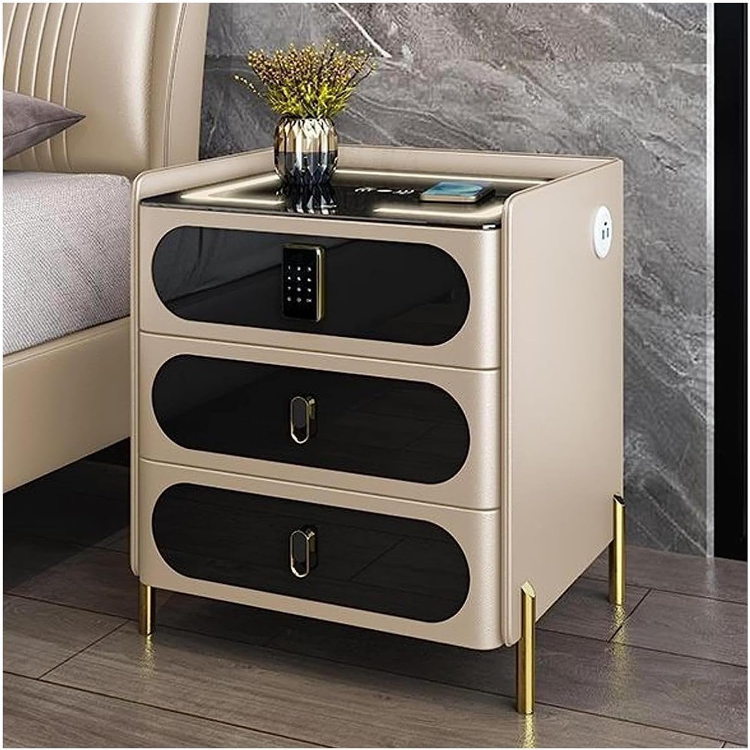 Wireless Charging Station Terminal Table with Lock Smart Bedside Cabinet LED Bedside Cabinet with USB 3 Drawers Wooden Bedside, Blue, 45 cm/17.7 in