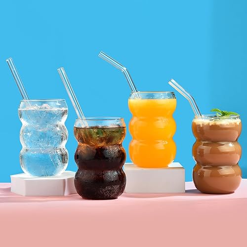 Miniatura 8 de ALINK Juego de 4 vasos grandes de vidrio acanalado de 16 onzas con pajitas, vasos de café helado, vasos de cóctel para cerveza, whisky, refrescos,
