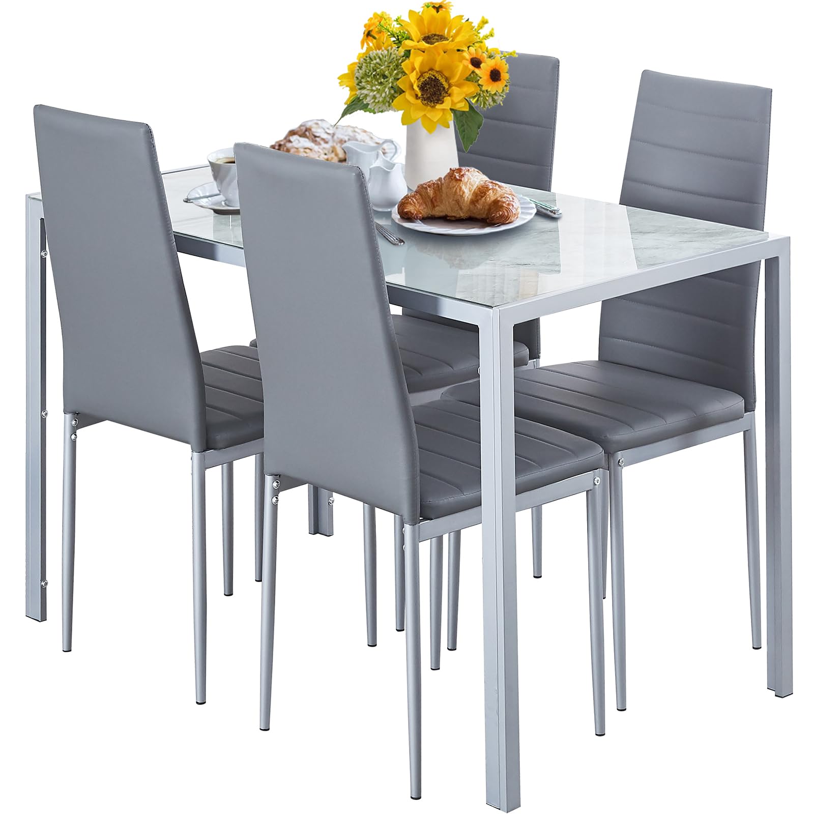 paonne 5 Pieces Marble Dining Table and Chair Set,Glass Kitchen Dining Set for 4,Rectangular Marble Effect Table with 4 Chairs for Home Kitchen/Dinette/Restaurant