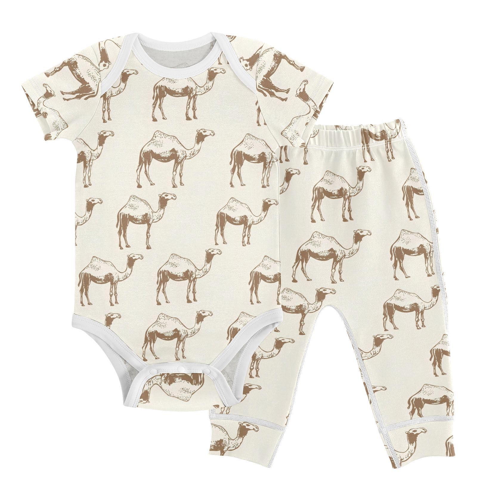 vvfelixl Camel Simple Strokes Baby Layette Sets,Baby Bodysuits Set Unisex Short Sleeve Babys Pants Sets 9-12M