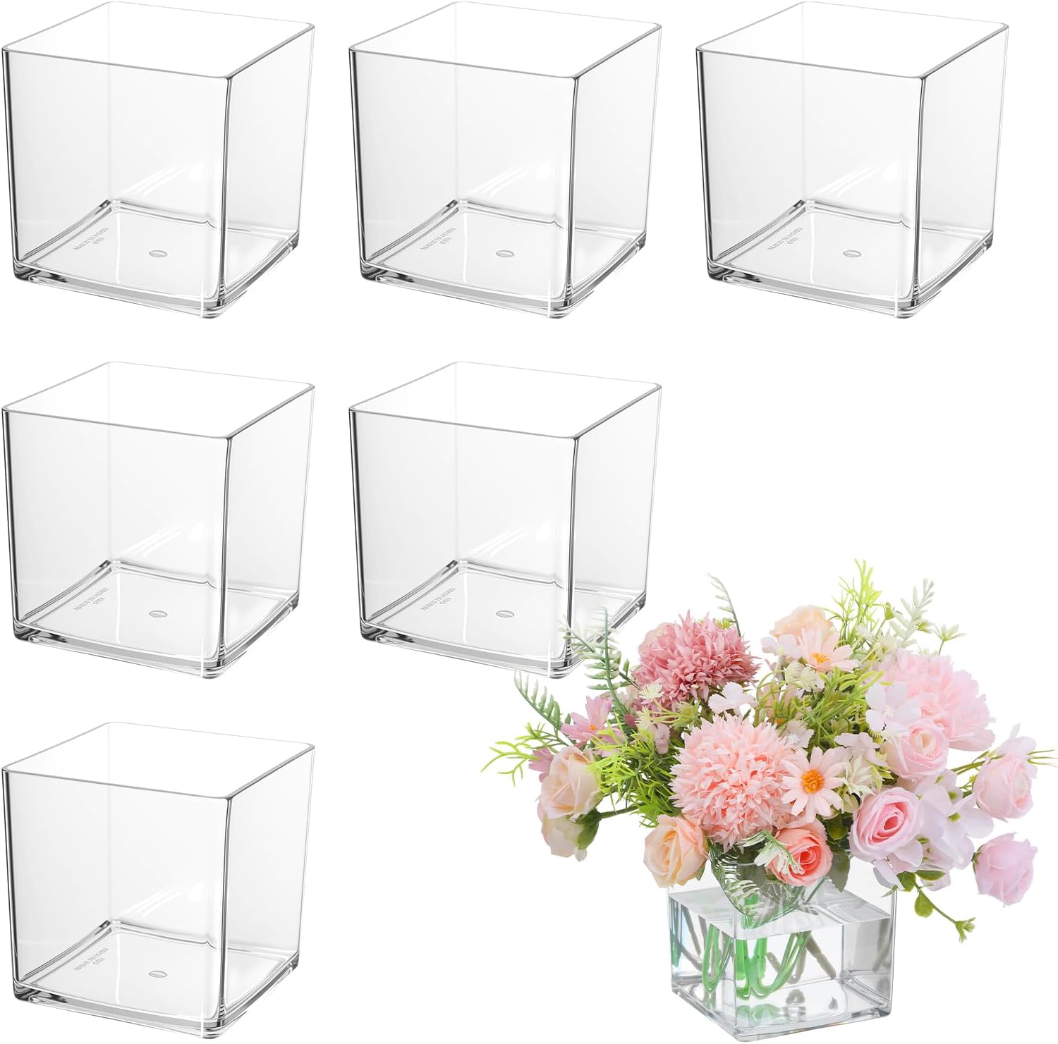 6pcs Acrylic Square Clear Flower Vase,5" x 5" x 5 Inch Clear Cube Centerpiece Vases,Square Floral Vases Candle Holder for Table Centerpiece,Wedding,Party,Home Office Decoration