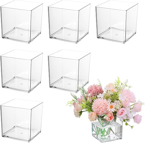 6pcs Acrylic Square Clear Flower Vase,5" x 5" x 5 Inch Clear Cube Centerpiece Vases,Square Floral Vases Candle Holder for Table Centerpiece,Wedding,Party,Home Office Decoration