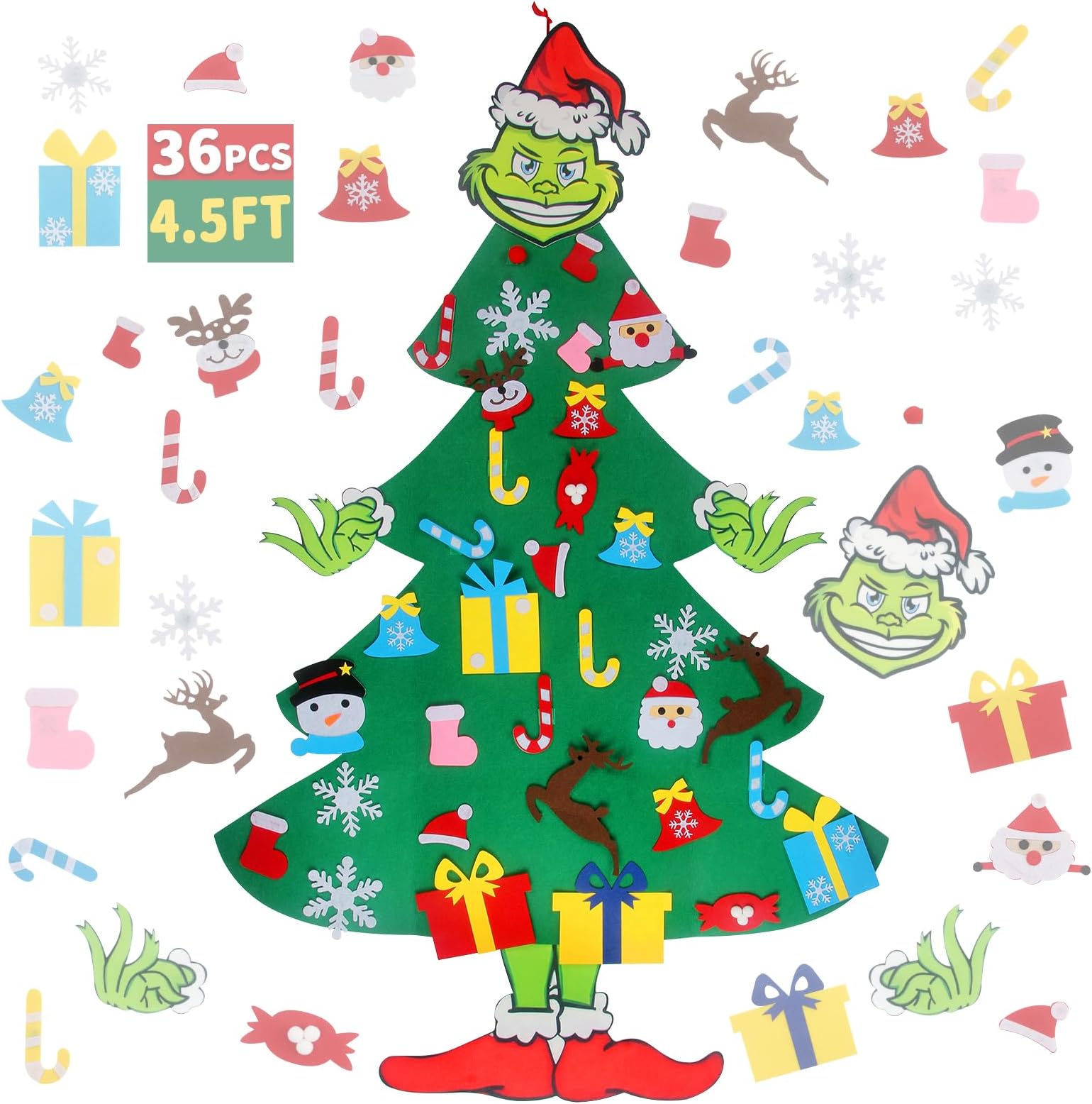 GameXcelGameXcel 4.5FT DIY Grinch Felt Christmas Tree Set with 33pcs Ornaments - Wall Hanging Felt Xmas Tree for Kids Toddlers Christmas - Baby New Year Gift Decorations Party Supplier