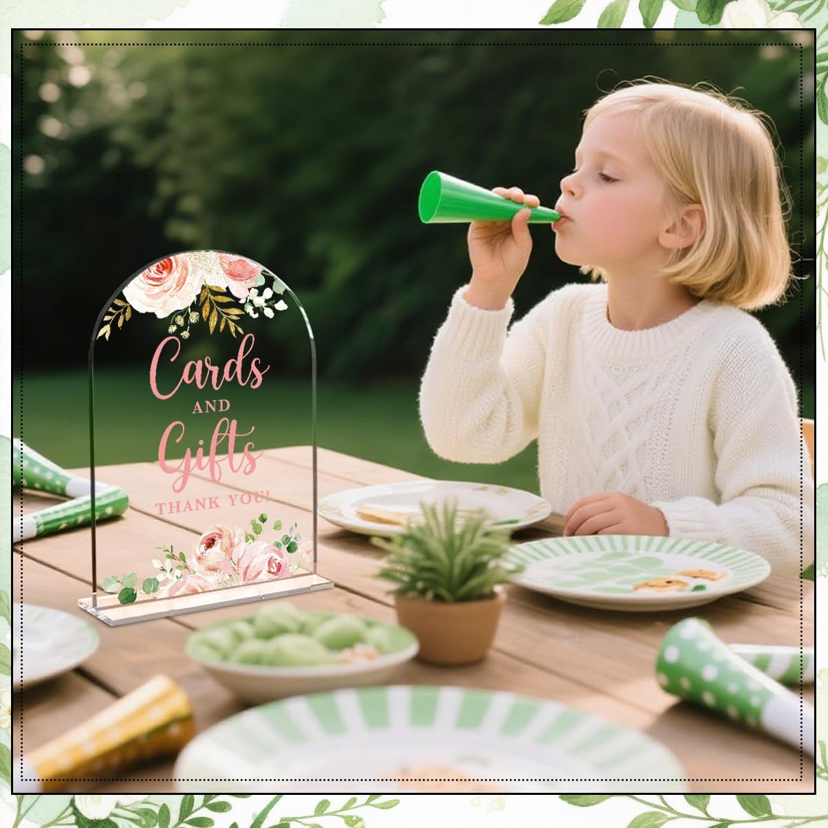 6 Pcs Baby in Bloom Shower Decorations, Baby Shower Sign, Newborn Gifts, Cards and Gifts Signs, Modern Arched Acrylic Table Top Signs With Stand for Birthday Party Decorations (Clear Pink Flower)