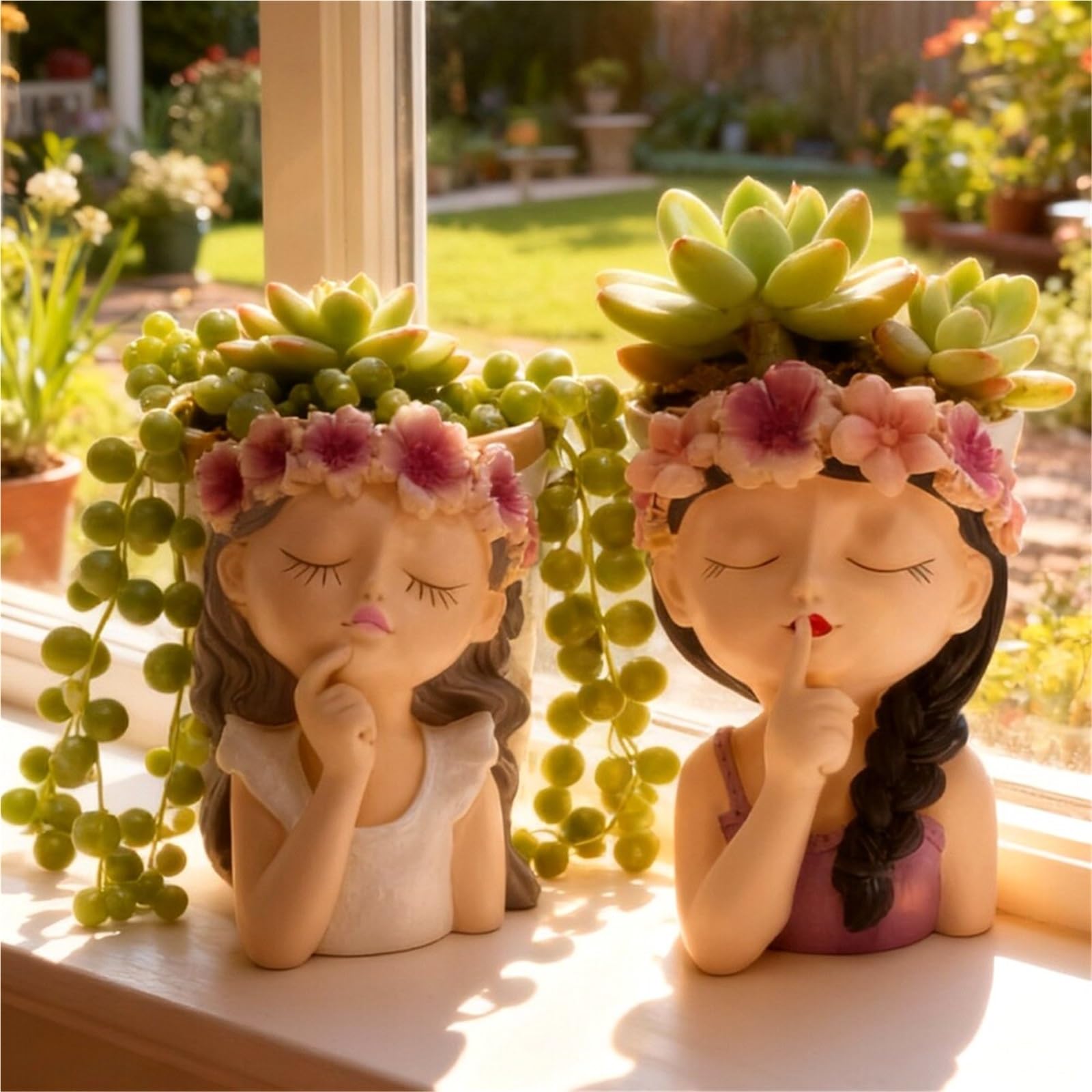 Uso multifunción Macetas con Cabeza de Flor Hadas, Adornos Decorativos Resina, diseños creativos, maceteros Colgantes suculentos