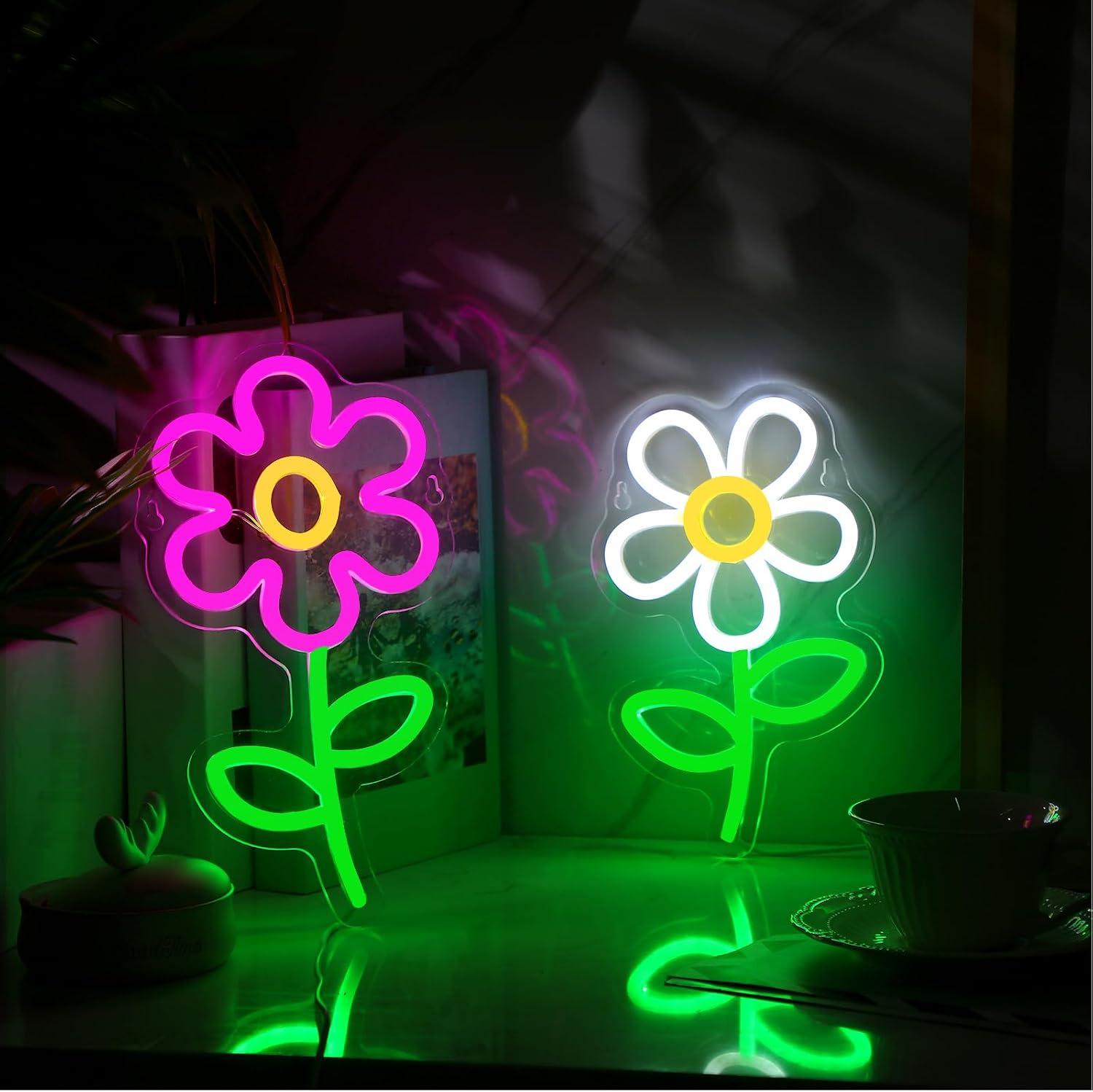 Xuhal 2 Pieces Daisy Flower Neon Sign Daisy Shaped Neon Light Aesthetic LED Sign Daisy Decor Wall Hanging Decoration for Bedroom Living Room Dining Room Bar Club Party, USB Powered