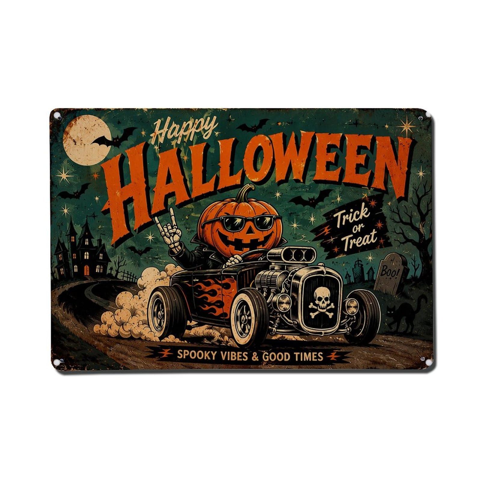 Jdfenggu Vintage Happy Halloween Pumpkin Car Design Retro Metal Tin Sign, Metal Poster For Bar, Home, Man Cave, Kitchen, Laundry Room Art Decor 8X12 Inch