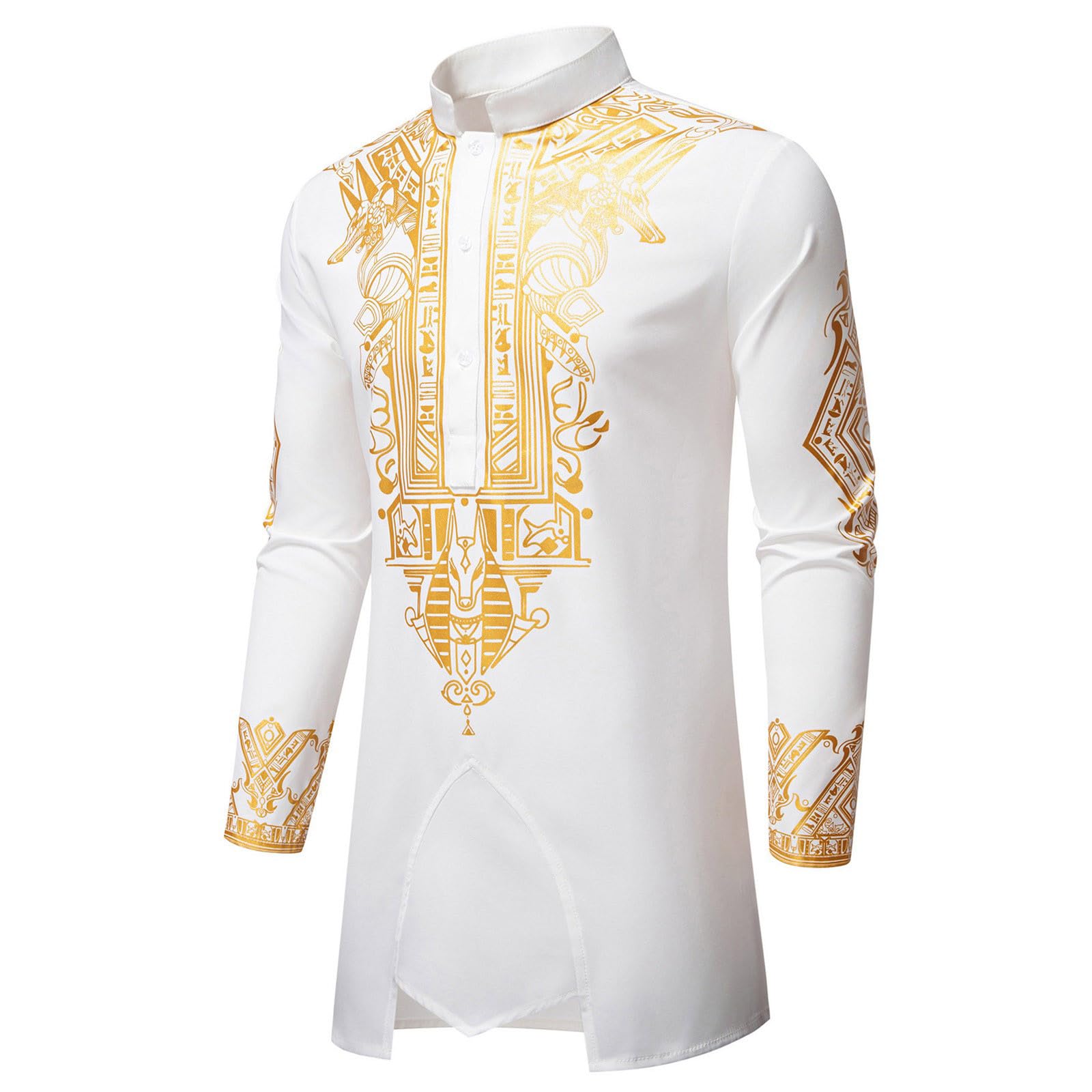 Camicia Casual da Uomo in Stile Nazionale Africano con Colletto Alto e Stampa in Oro Caldo