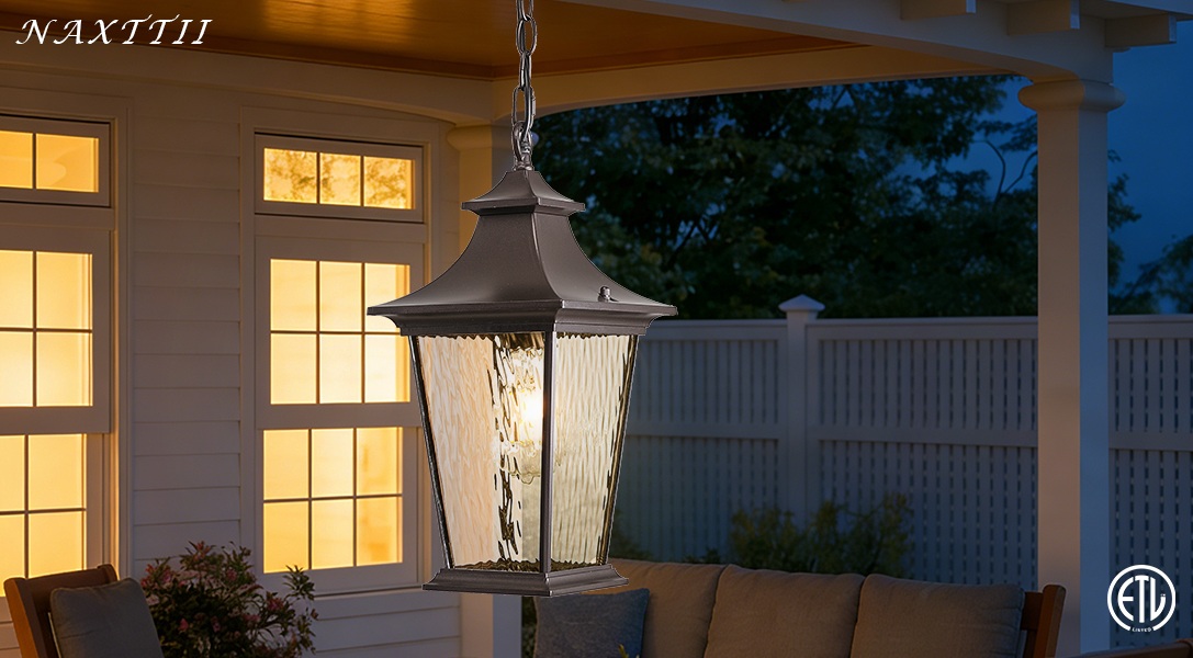 Image of Outdoor Pendant Lights for Porch 16.5 inch Large Dusk to Dawn Outdoor Chandelier with Water Ripple Glass Oil Rubbed Bronze Modern Hanging Porch Light with Adjustable Chain E27 Socket