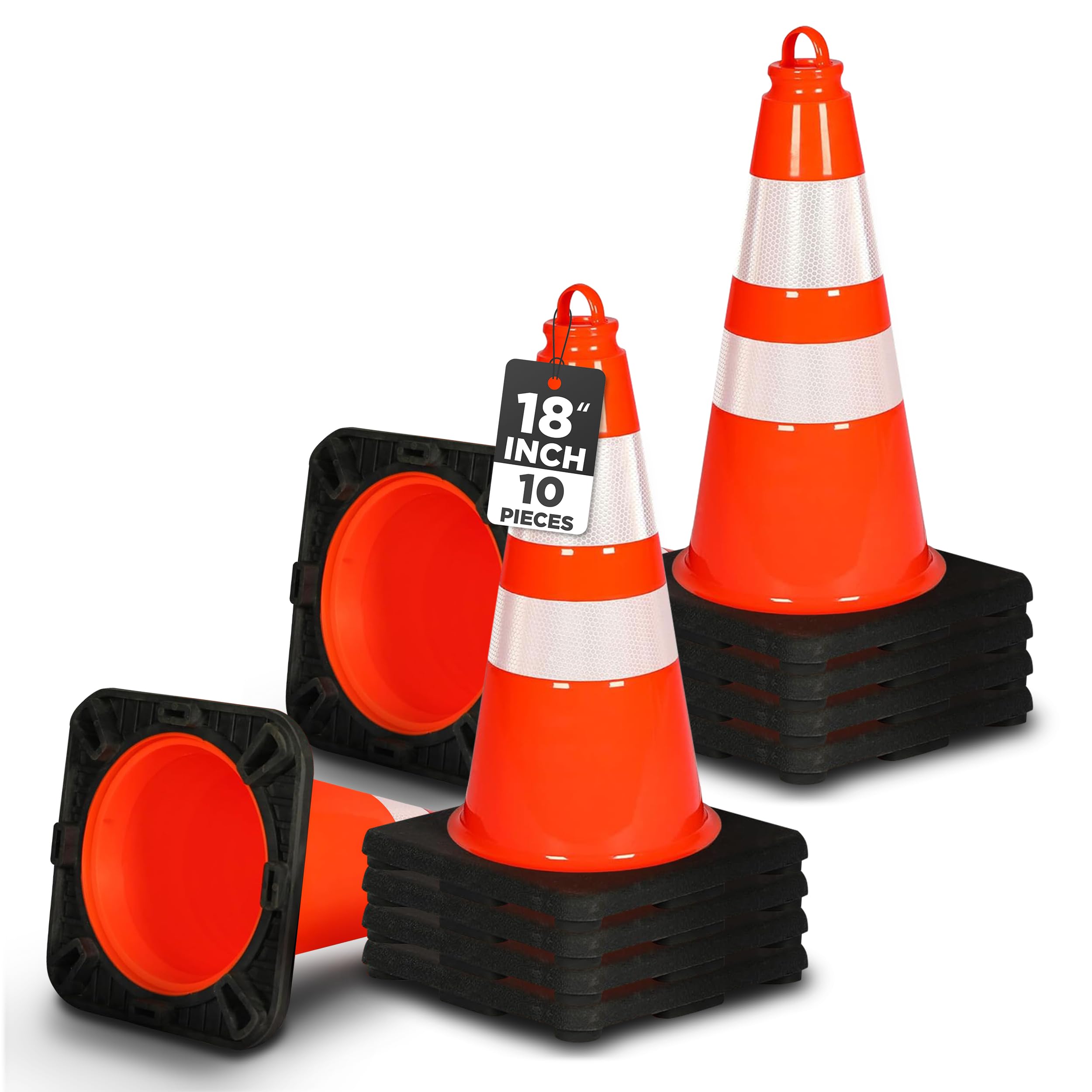 Pyle 18" PVC Traffic Cones, 10-Pack Safety Cones for Parking, Construction, Roadwork, & Sports Training, High-Visibility Orange, Durable, Stackable