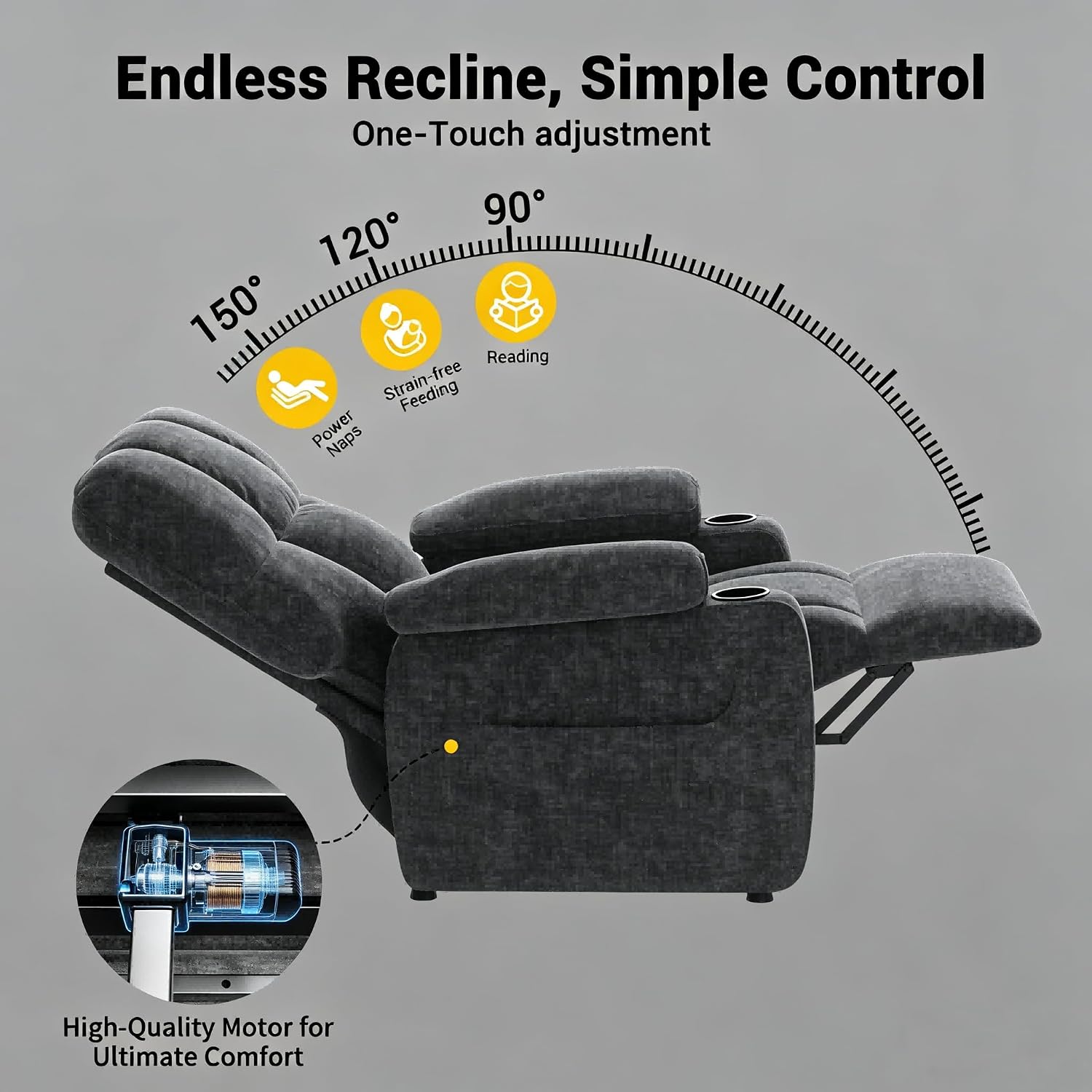Pipishell Power Recliner Chair for Adults, One-Touch Synchronized Reclining, Oeko-TEX Chenille Fabric Electric Recliner with USB Ports, Cup Holder & Side Pockets, for Living Room & Bedroom