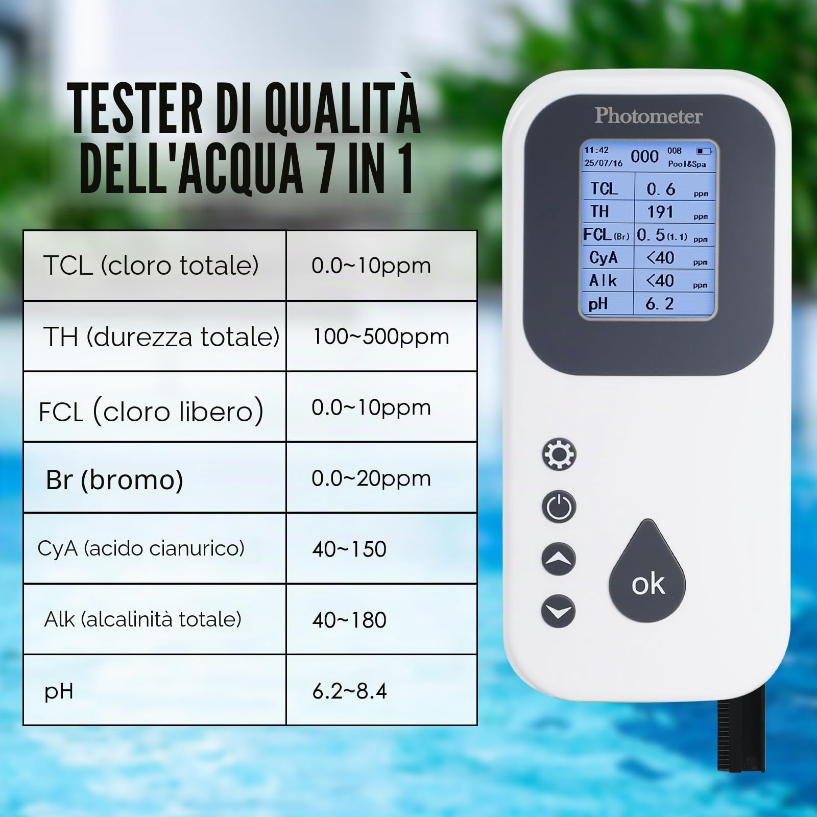Kit di test digitale 7 in 1 per piscina: misura pH, cloro libero/totale, bromo, alcalinità, durezza, acido cianurico con display LCD e registratore per piscine, spa, idromassaggio