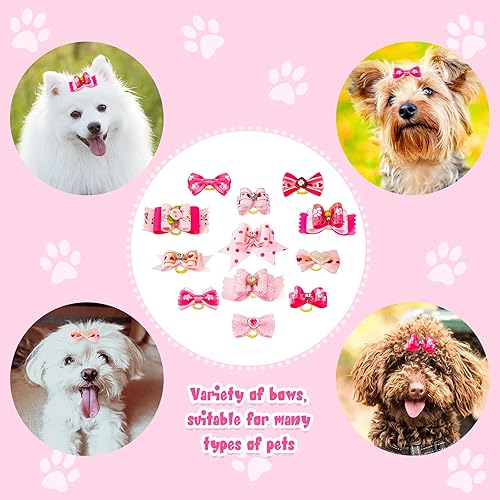 Miniatura 6 de 12 lazos para perros de tamaño pequeño para pelo de cachorro con bandas de goma, lindo tocado rosa para perritos y gatos con diamantes de imitación,