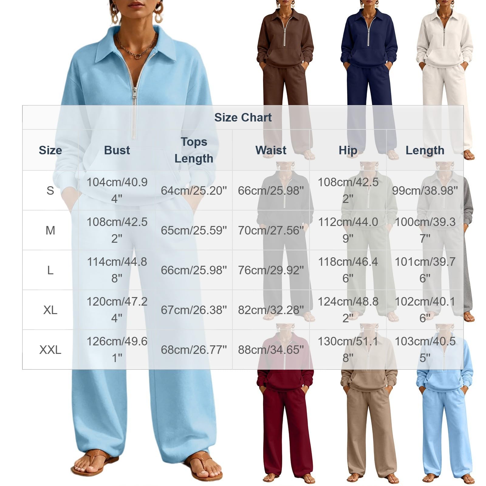 Tuta da donna, set completo con felpa a mezza zip, pantaloni da jogging a gamba larga, 2 pezzi, in pile sottile, caldo, con colletto con risvolto, set casual allentato per palestra, allenamento