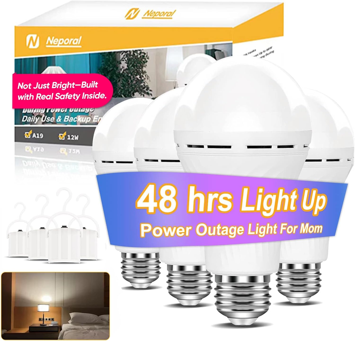 Neporal LITE Emergency Rechargeable Light Bulbs A19, Light Up to 48 hrs, Battery Operated Light Bulb, 5000K E26 LED Bulb, Emergency Lights for Home Power Failure