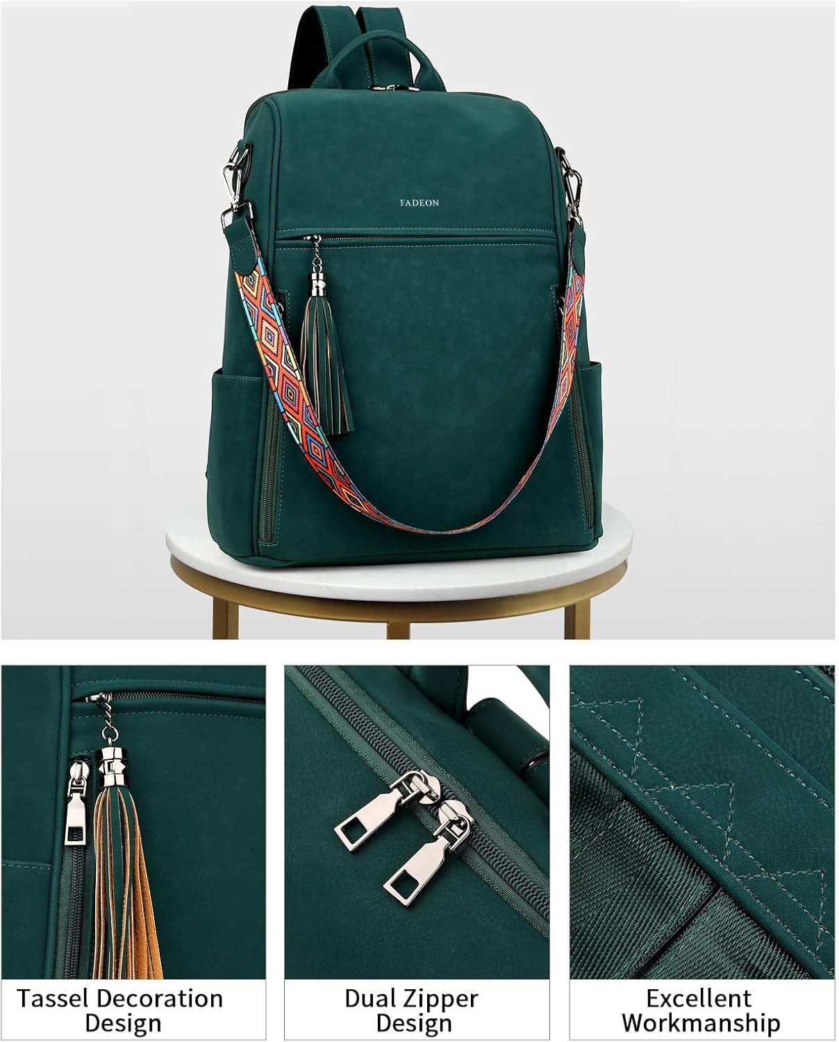 FADEON Leather Laptop Backpack for Women Designer 15.6 inch PU Laptop Bag, Ladies Travel Computer Work Backpack Green - Image 5