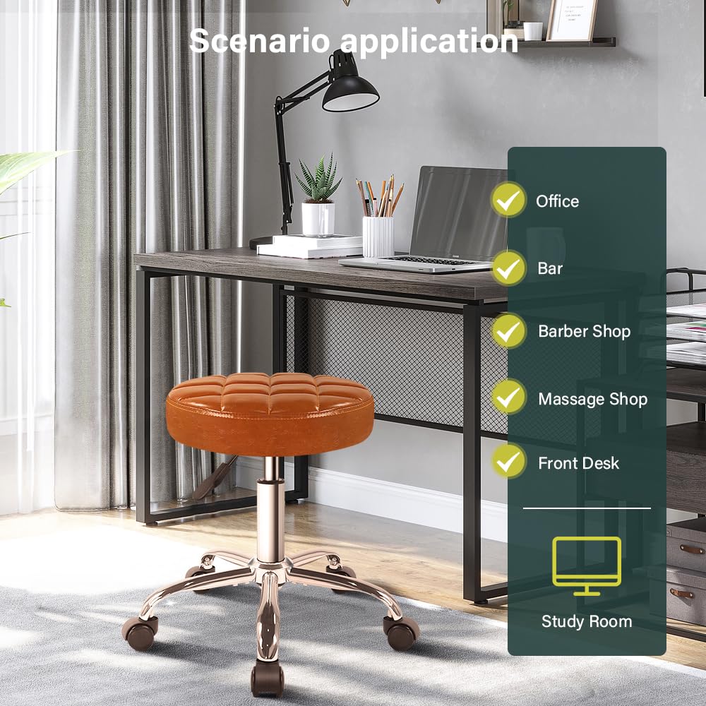 BFTOU Sgabello girevole classico con ruota, perfetto per salone, lavoro, casa, spa, negozio, altezza regolabile e conveniente, sedia piccola (marrone)