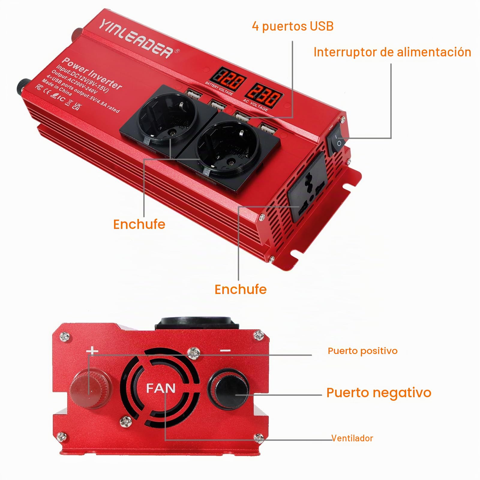 Transformador de voltaje 12 V 230 V 1000 W/2000 W con inversor, 2 enchufes, 4 USB, pantalla LED de voltaje