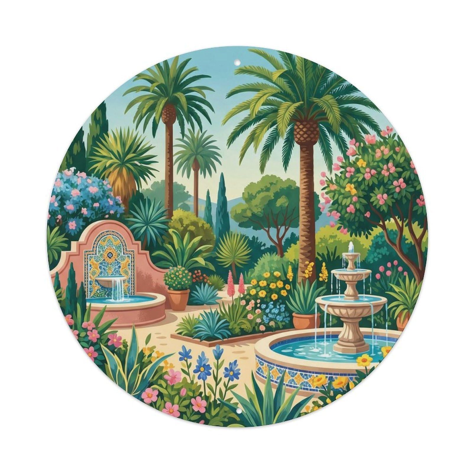 Vintage Barcelona Garden Catalan Paradise Spanish Culture Metal Tin Sign Plaque Wall Decor for Cafe, Man Cave, Club Bar, Office, Home Garden Round Metal Poster 8x8Inch