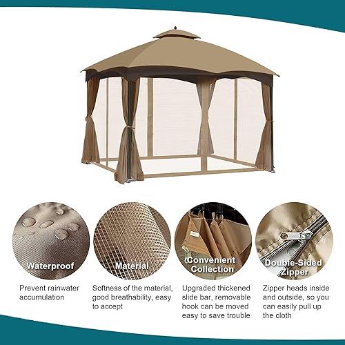 Miniatura 6 de Wonwon Mosquitera universal de repuesto para glorieta de 10 x 10 pies, 4 paneles para exteriores con cremallera (caqui)