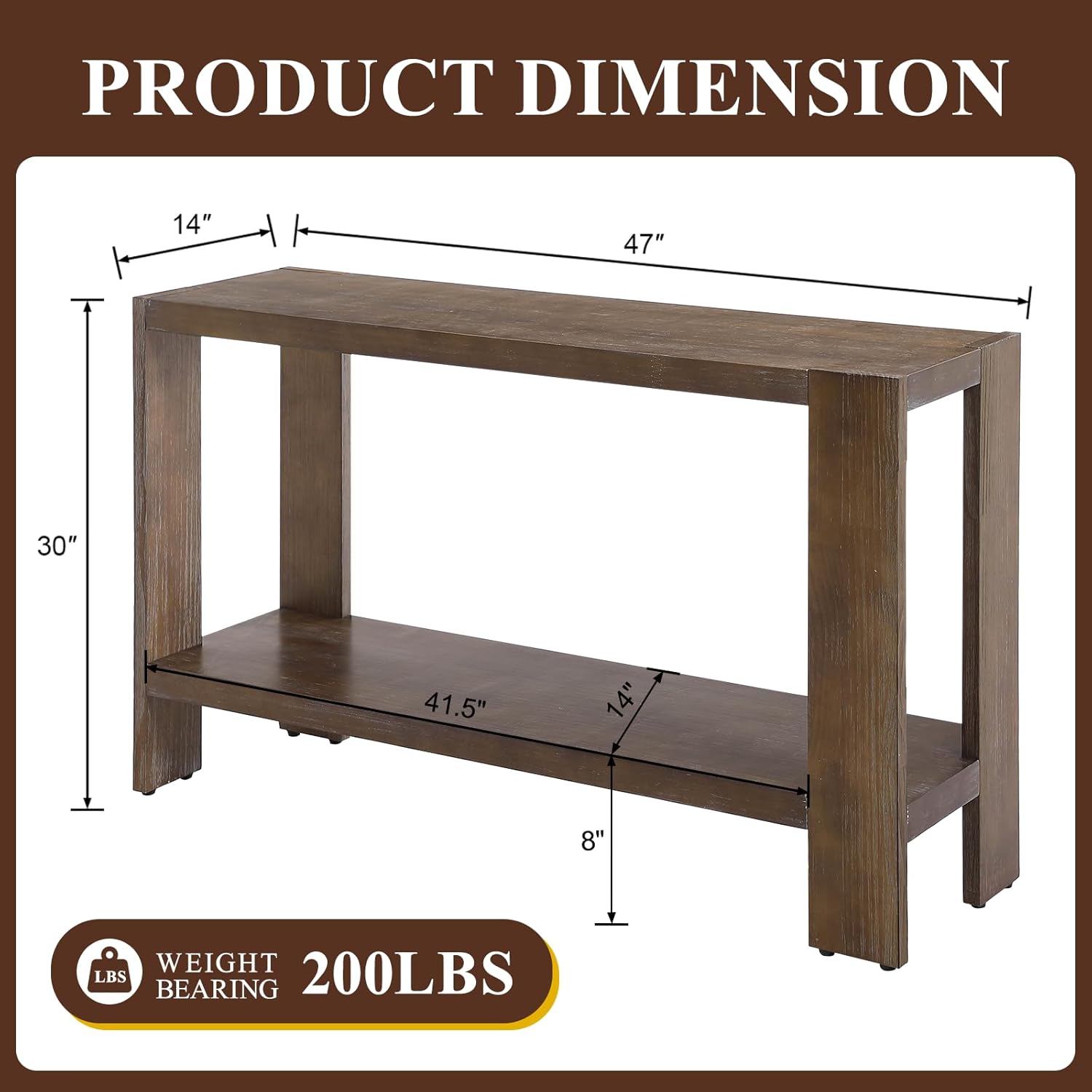 Console Table with Open Storage, 47" Pine Solid Wood Entryway Table, 2-Tier Sofa Table for Living Room/Entrance/Hallway, Rustic Brown