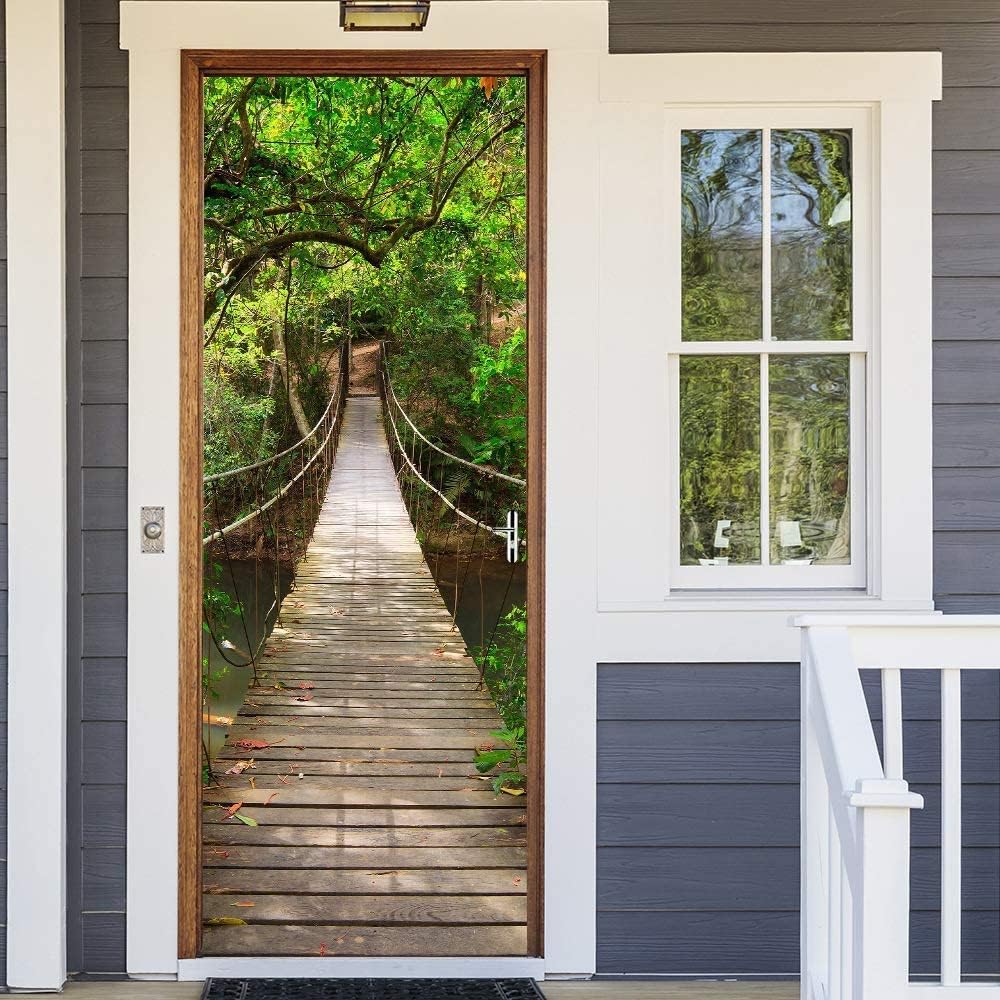 MISSSIXTY 3D Drawbridge Forest Door Mural Decals Wall Murals Wallpaper Vinyl Removable Stickers for DIY Home Decor Poster Decoration 30.3" x 78.7"