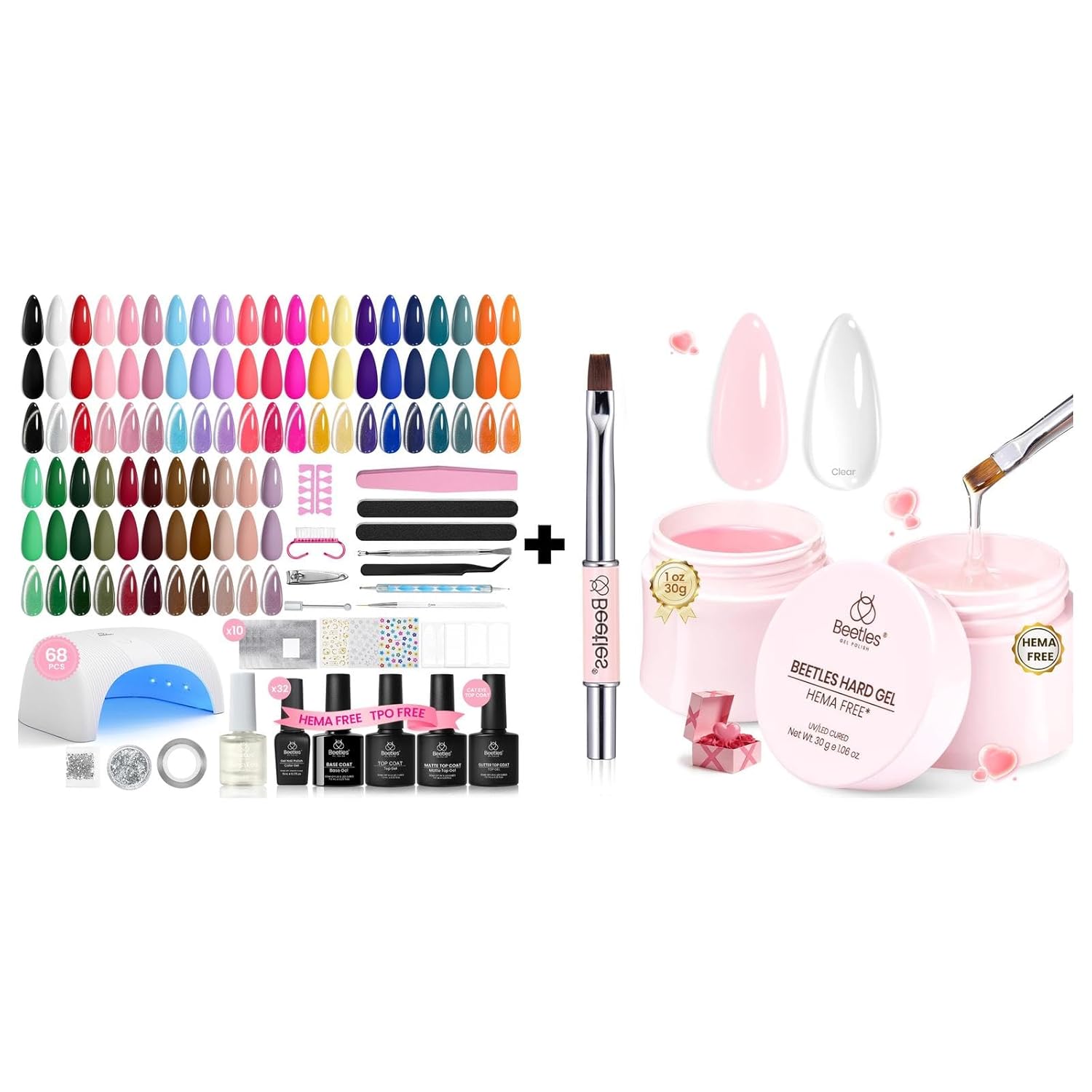 Beetles Gel Nail Polish Kit 32 Colors, 68PCS All-in-One Set with Cat Eye Top, Base and Top Coat & HEMA-Free Hard Gel 2PCS 1oz, 9 in 1 Builder for Extension & Repair