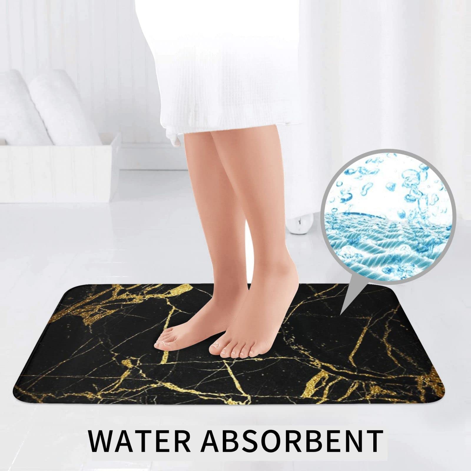 Badteppich-Set, rutschfest, ultraweich, mit U-förmigem Teppich, Wohnzimmerteppich, Schwarz / Gold, Marmor, 3-teilig