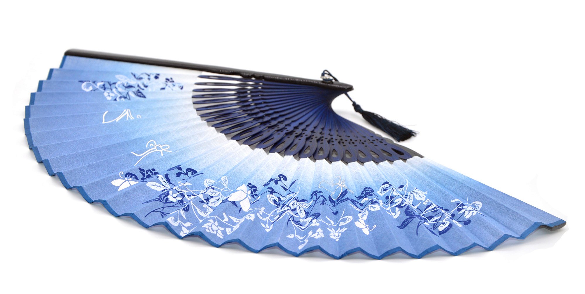 Ventaglio in seta e bambù, con farfalle e fiori, sacchetto in seta e confezione regalo, Blue