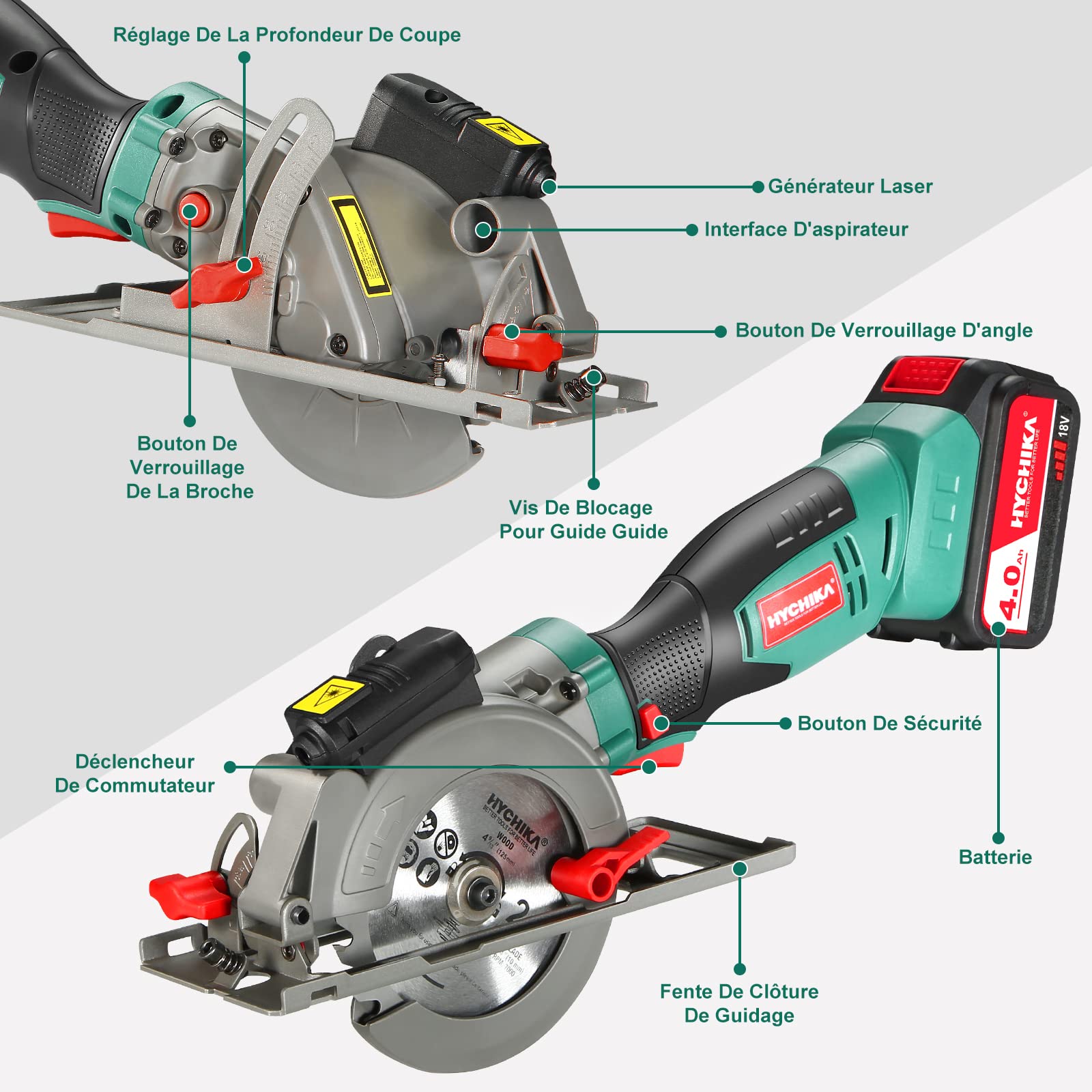 HYCHIKA Scie Circulaire Sans Fil 18V, 4.0Ah Li-ion Batterie 3500RPM Petite Scie Circulaire, 3 Lames(115 et 125mm), Guide Laser, Max Profondeur de Coupe 48mm(90°), 32mm(45°) pour Couper du Bois Métal