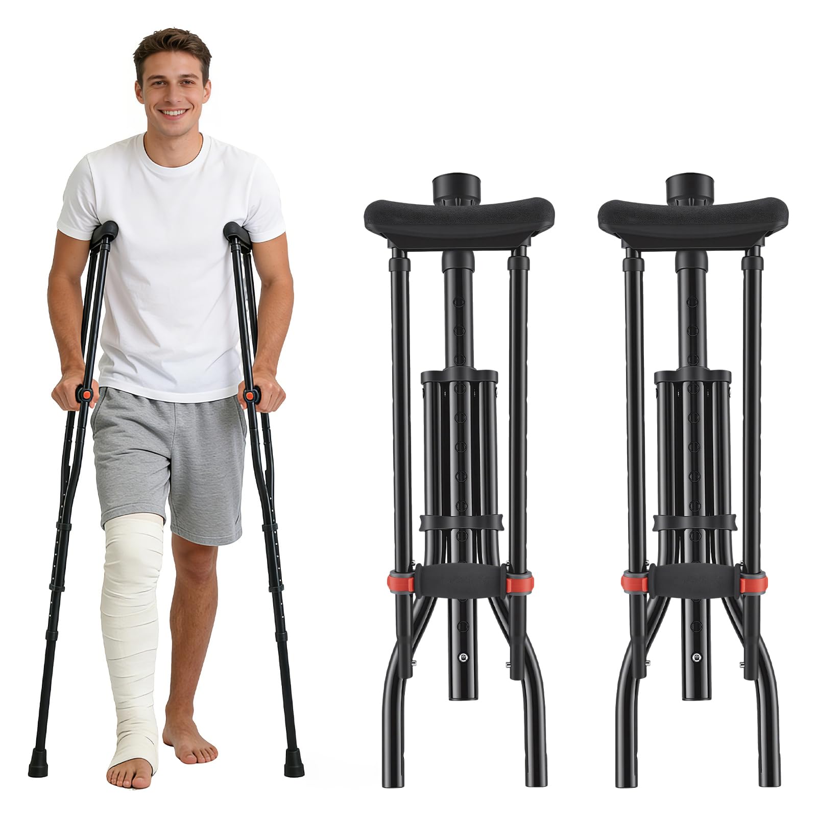 Muletas Axilares 1 Par, Altura Ajustable 99-160cm, Muletas de Aluminio Plegables con Amortiguación, 19 Niveles Regulables, Soportan hasta 150kg,Almohadillas Antideslizantes para Adultos y Post-Cirugía