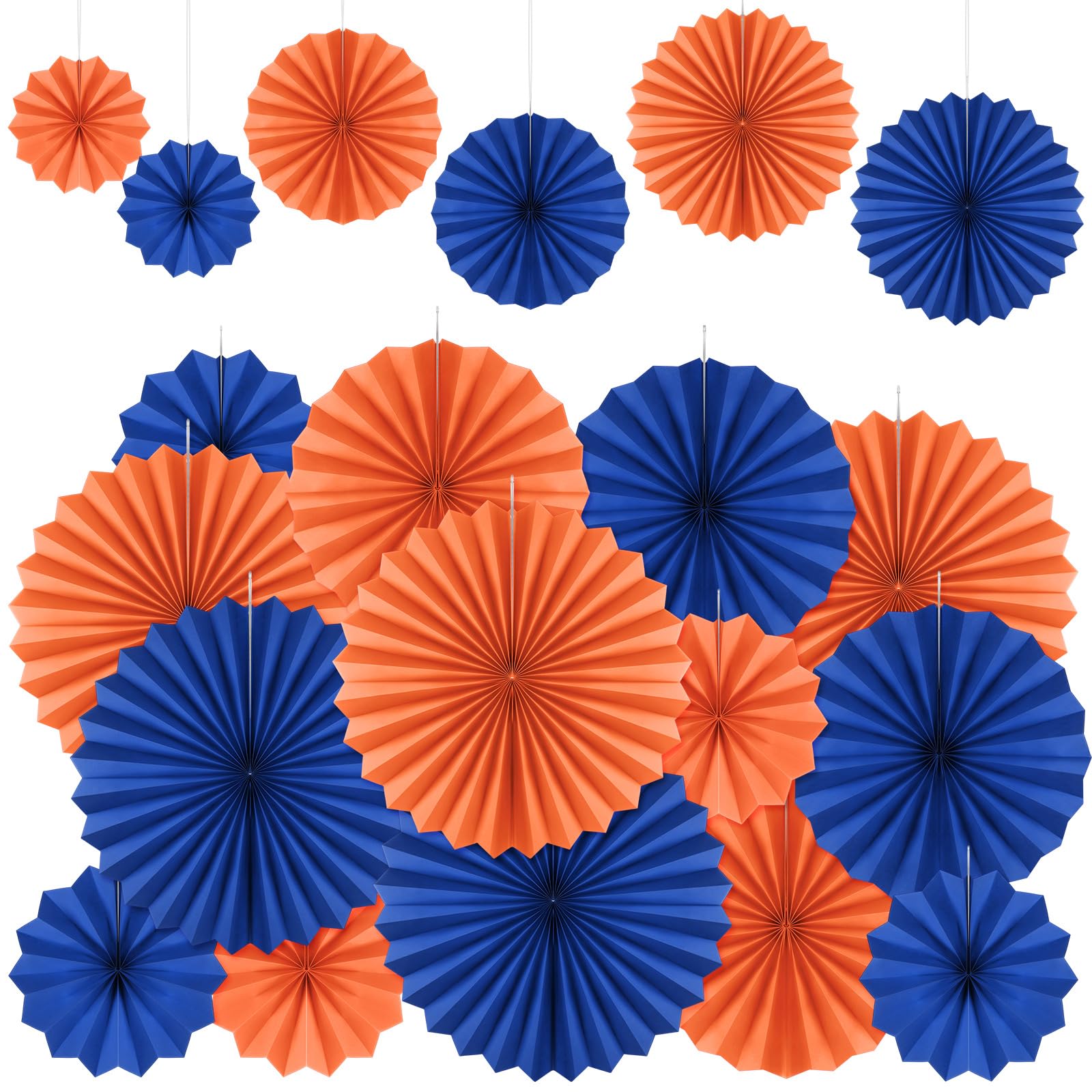 Éventails en papier bleu et orange pour habiller un arrière-plan mural vide