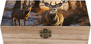 Small Wooden Storage Box with Lid - 7.9x3.9x2.3 Inch Deers Picture Jewelry Box Vintage Keepsake Boxes Portable Jewelry Organizer Wood Trinket Box for Photos, Letters, Gifts