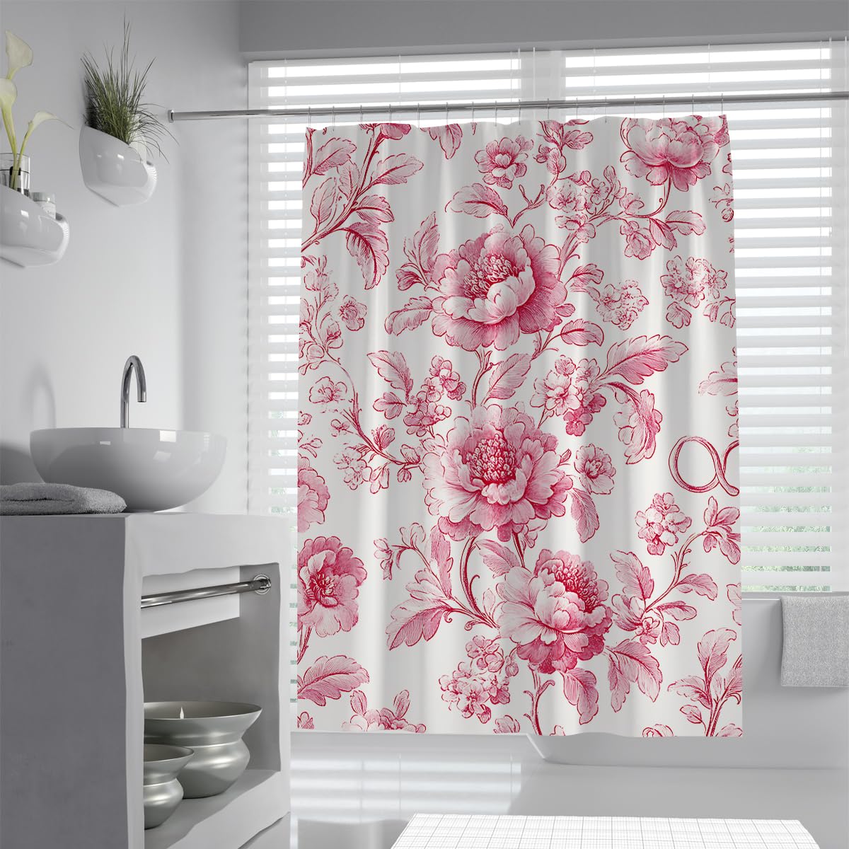UIRINGART Retro Chintz Botanical Shower Curtain W180xL180cm Crimson Pink Camellia Flower Garden Fabric Mildew Resistant Bathroom Curtain For Bath Tub Home Hotel